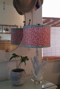 Coral Red Lampshade Drum Blue and Green Trim