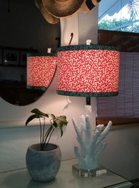 Coral Red Lampshade Drum Blue and Green Trim