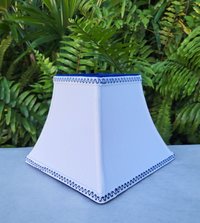 Small White Linen Lamp Shade Blue or Red Trim Clip On Lampshade