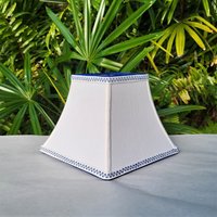 Small White Linen Lamp Shade Blue or Red Trim Clip On Lampshade