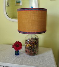 Mustard Burlap Lampshade Drum Gray and Yellow Floral Trim