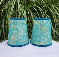 Pair Marbled Paper Sconce Lampshades Turquoise