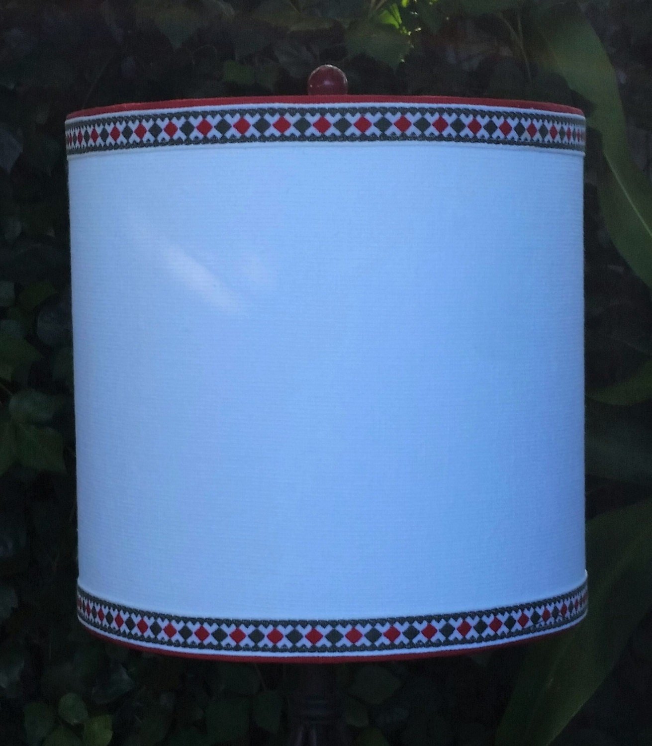 White Linen Drum Lampshade, Vintage Red Olive Trim Lamp Shade