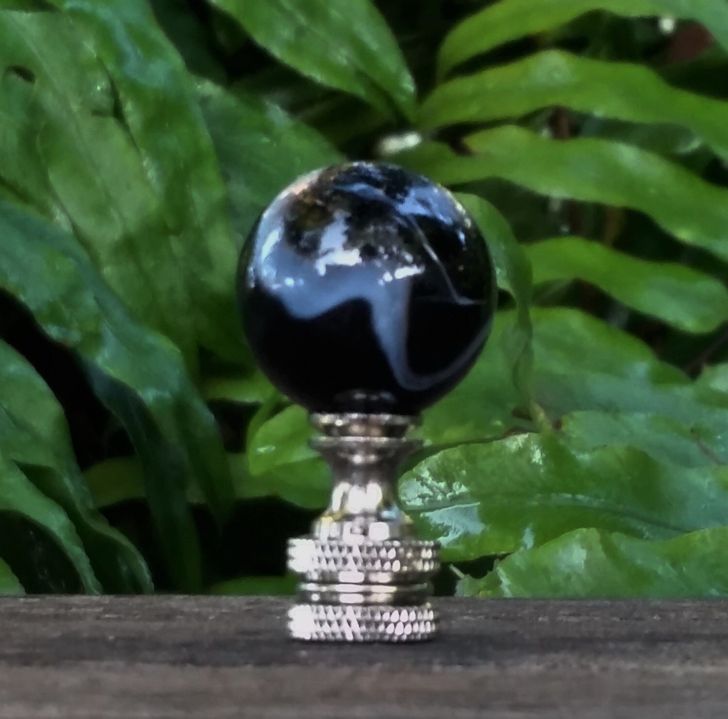 Black Glass Lamp Finial, Gray Swirls