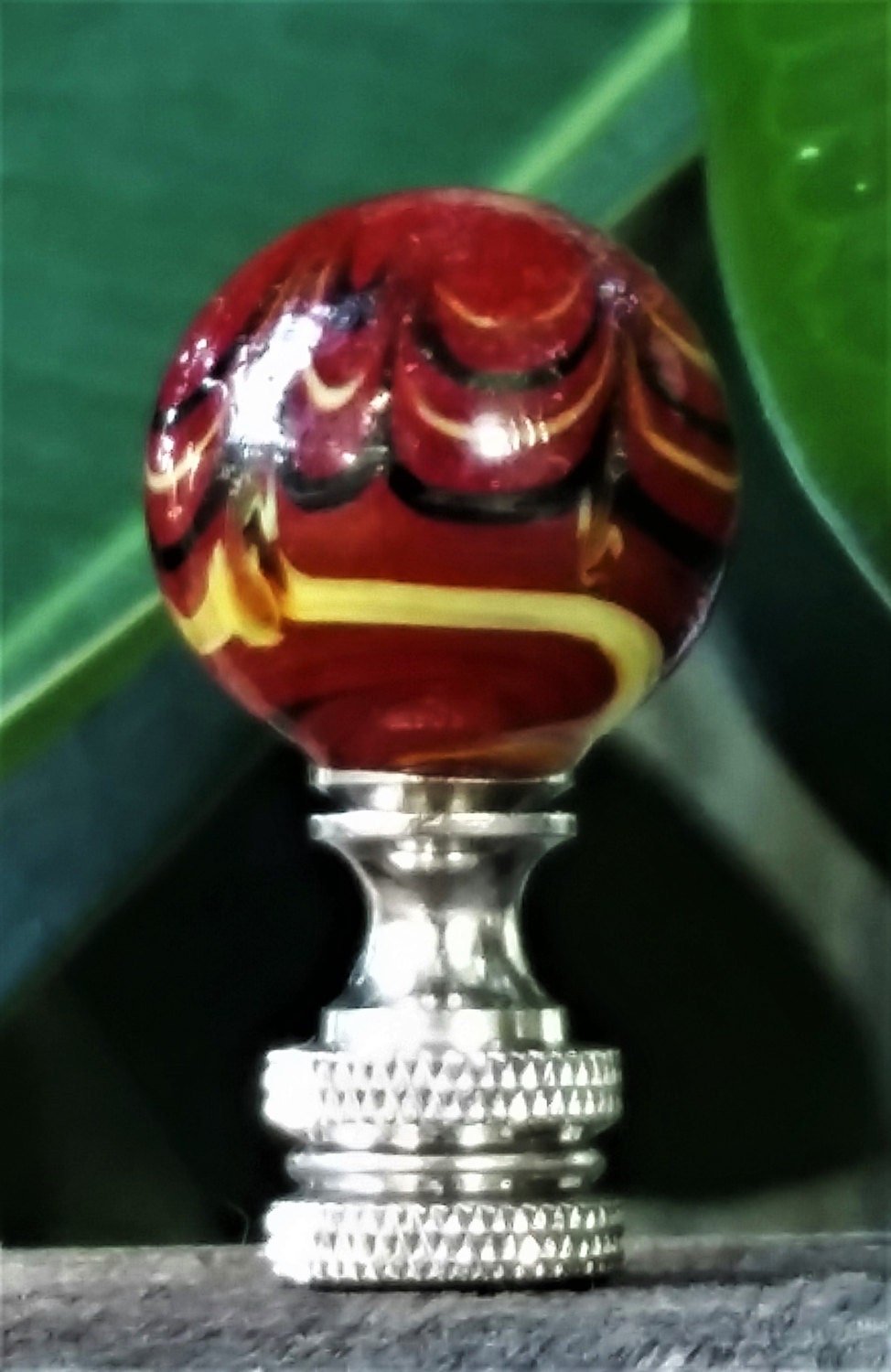 Red Lamp Finial, Black Yellow Marbled