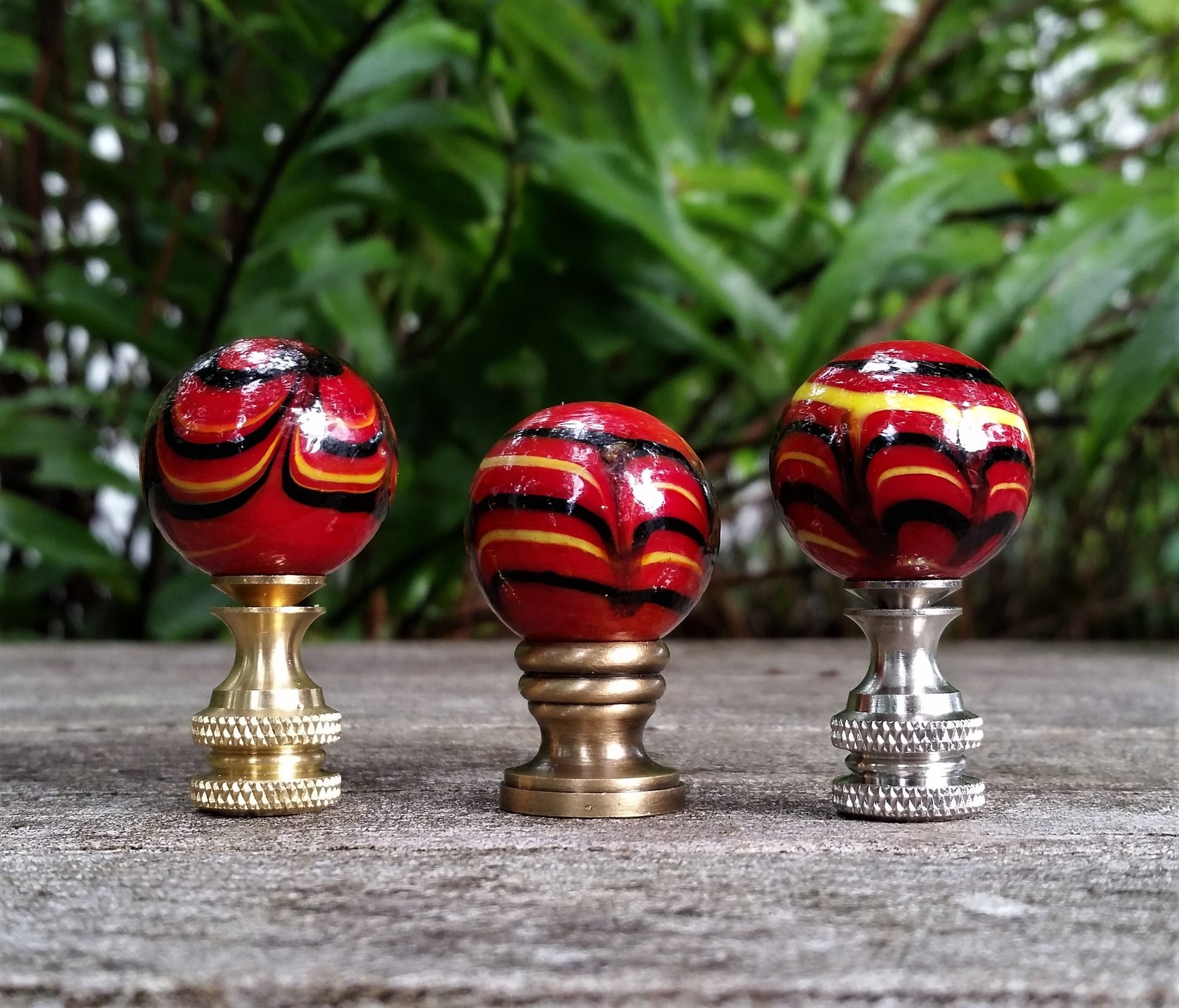 Red Lamp Finial, Black Yellow Marbled