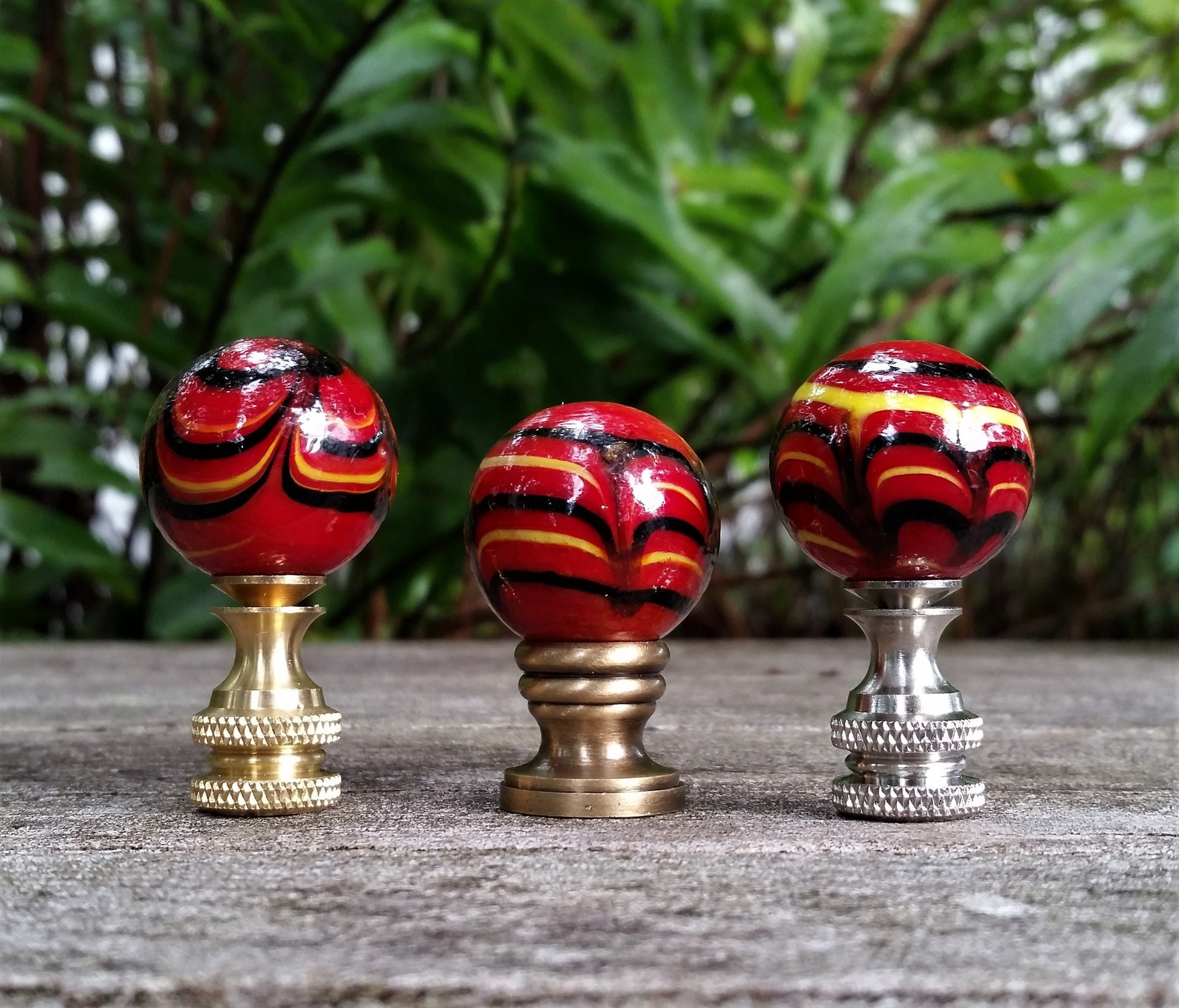 Red Lamp Finial, Black Yellow Marbled