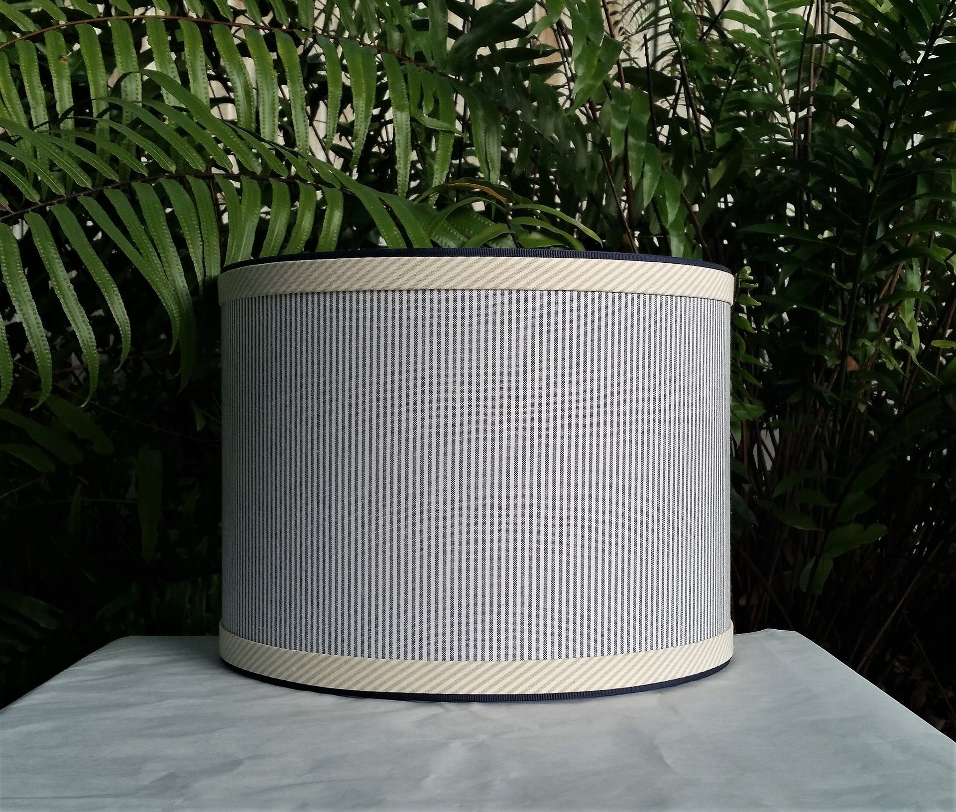 Drum Lampshade, Blue Ticking, Custom Lamp Shade