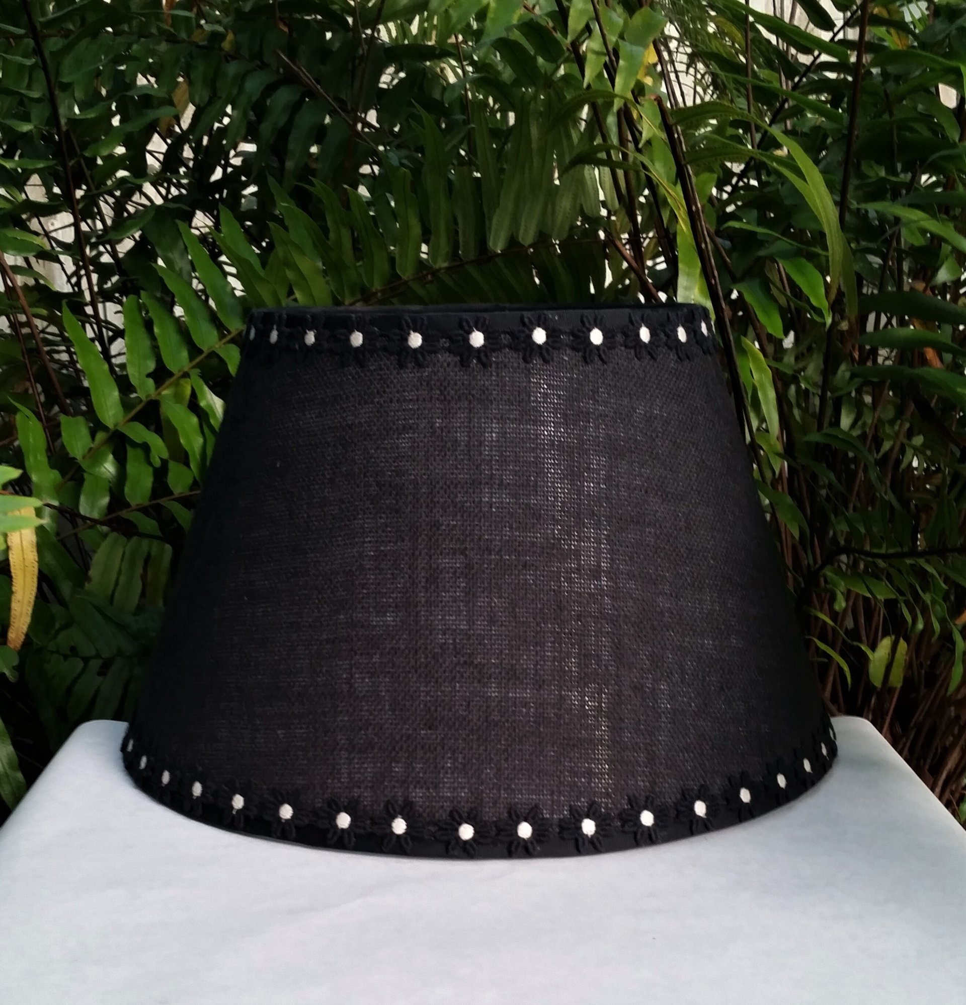 Large Burlap Lampshade, Black and White Daisy Trim, Lamp Shade