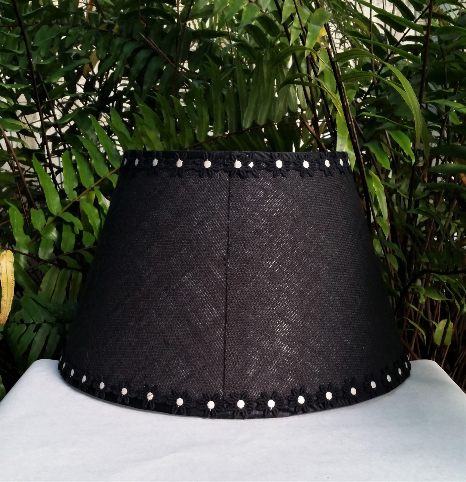 Large Burlap Lampshade, Black and White Daisy Trim, Lamp Shade