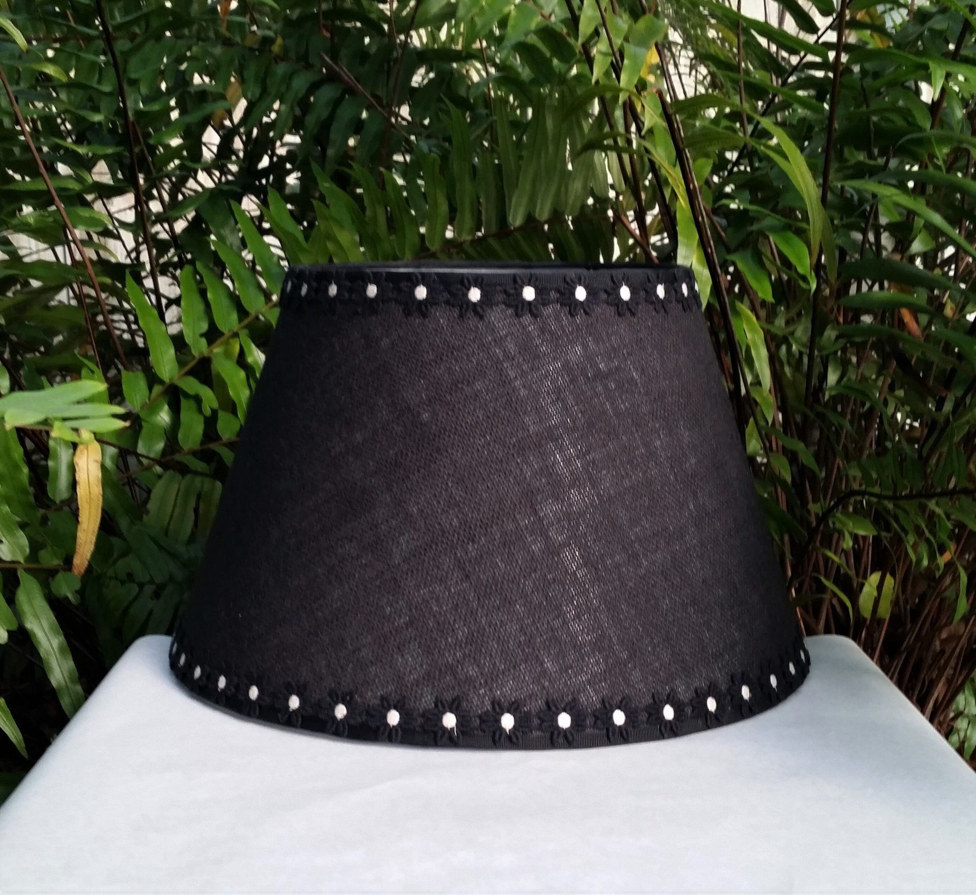 Large Burlap Lampshade, Black and White Daisy Trim, Lamp Shade