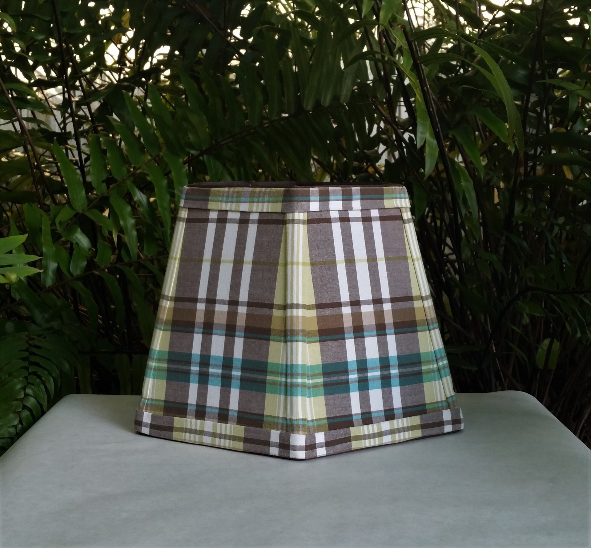 Brown Madras Lampshade, Green, White Lamp Shade