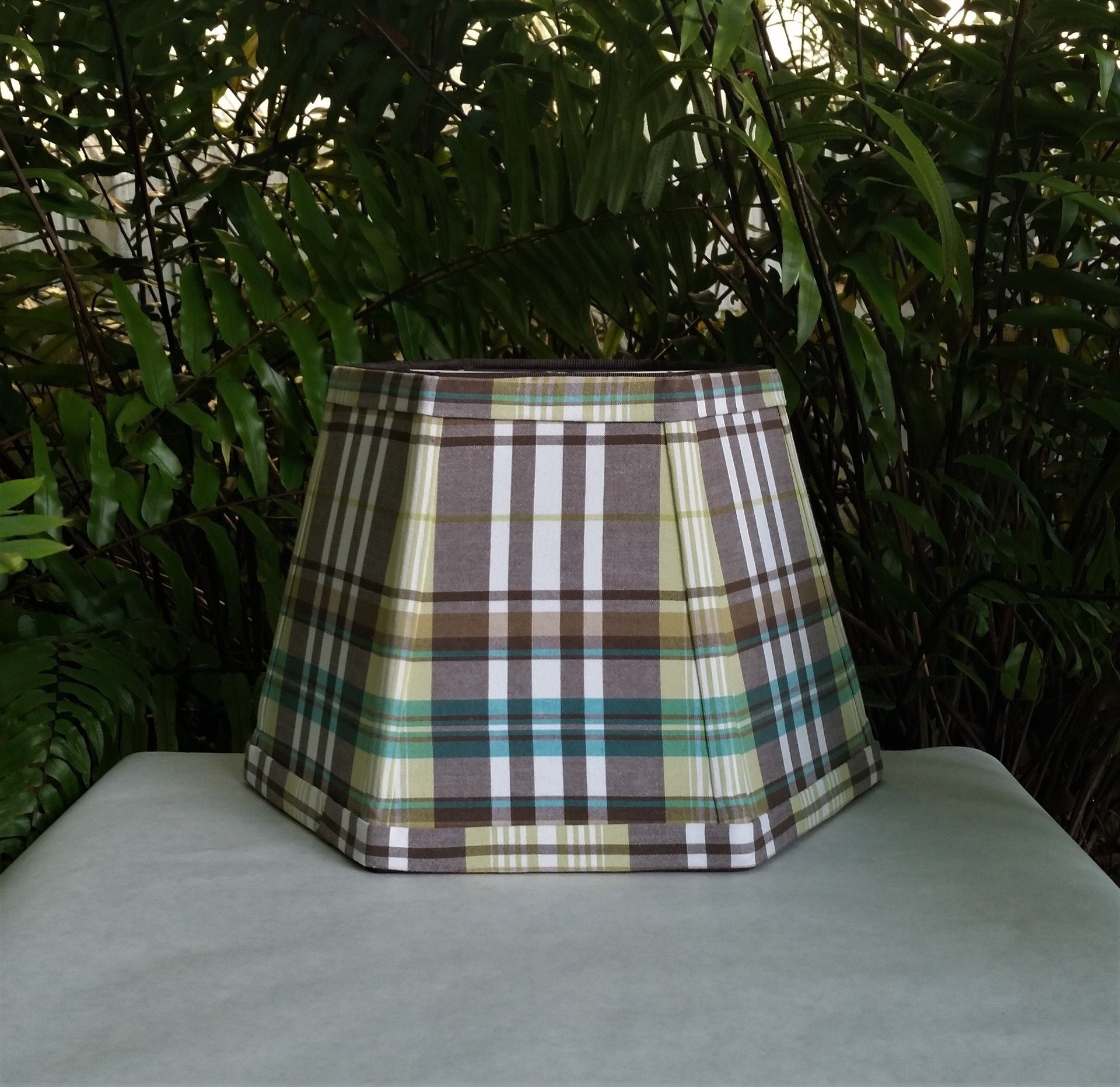 Brown Madras Lampshade, Green, White Lamp Shade