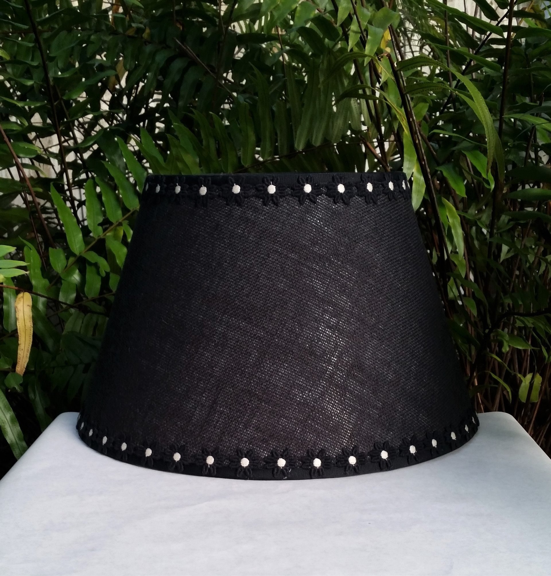 Large Burlap Lampshade, Black and White Daisy Trim, Lamp Shade