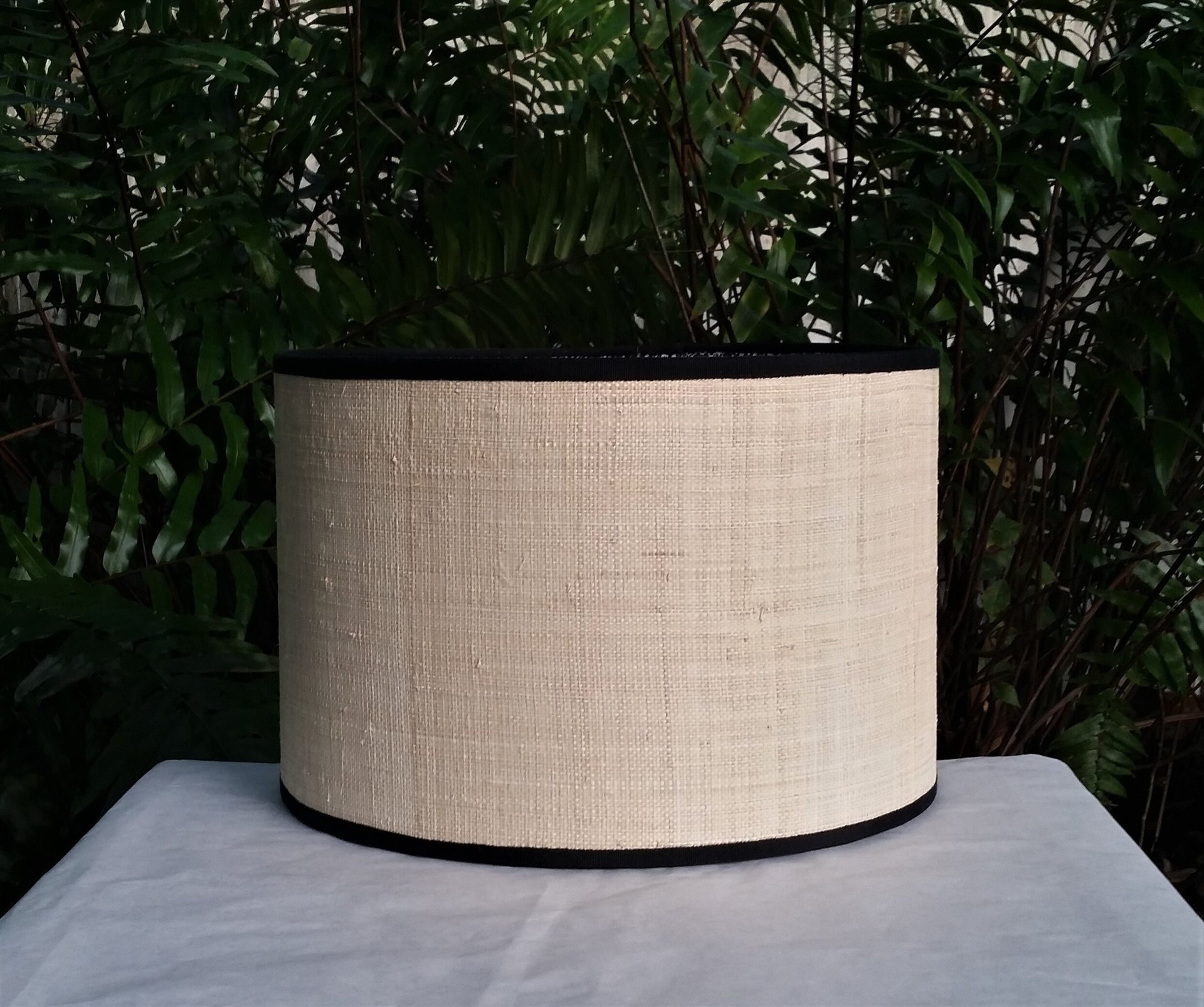 Raffia Cloth Lampshade Lined with Black White Floral Fabric