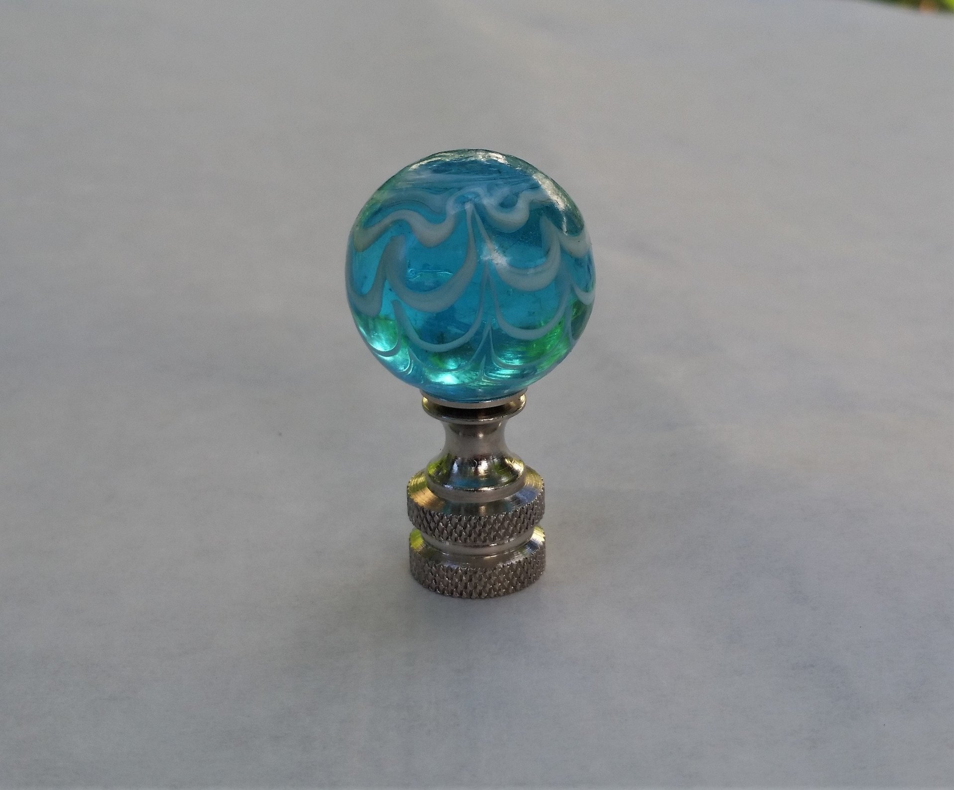 Light Teal Blue Lamp Finial White Swirls