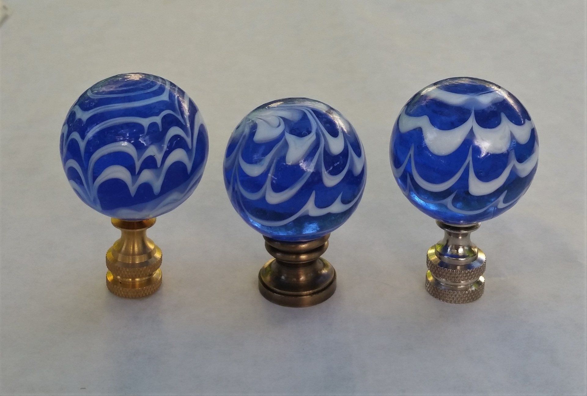 Royal Blue Lamp Finial, White Swirls, Glass