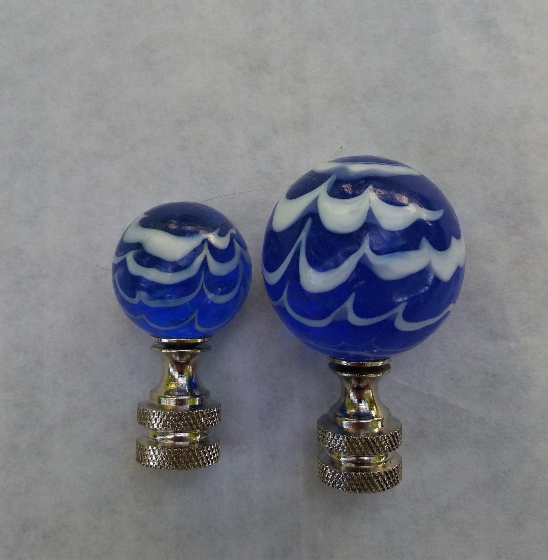 Royal Blue Lamp Finial, White Swirls, Glass