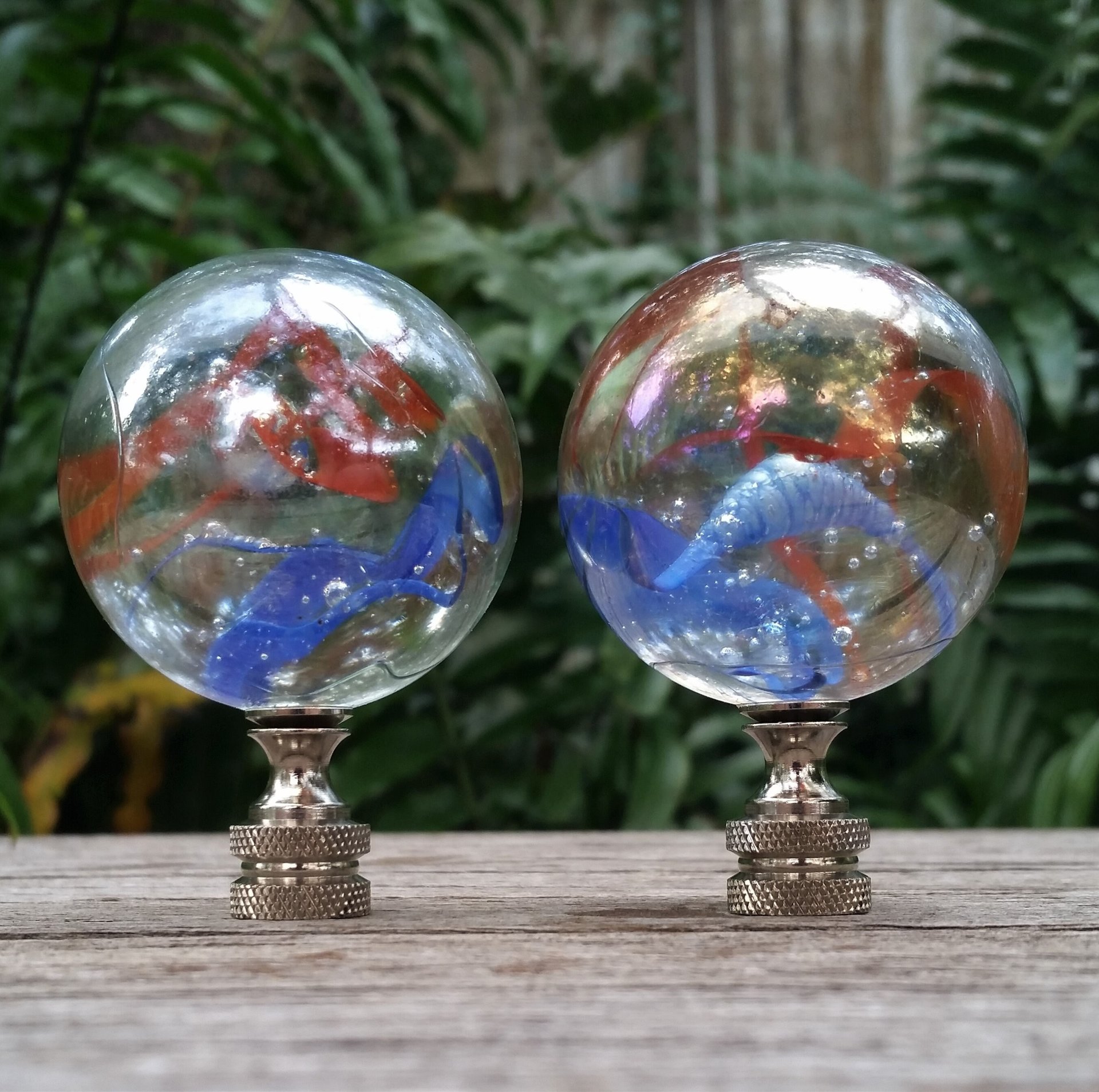 Large Iridescent Lamp Finial, Clear Red Blue