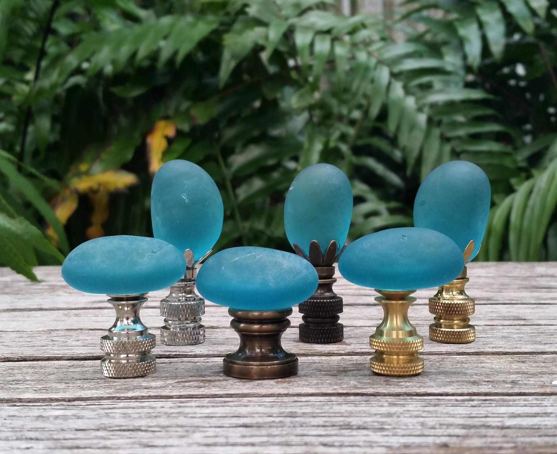 Teal Lamp Finial, Oval Glass Rock