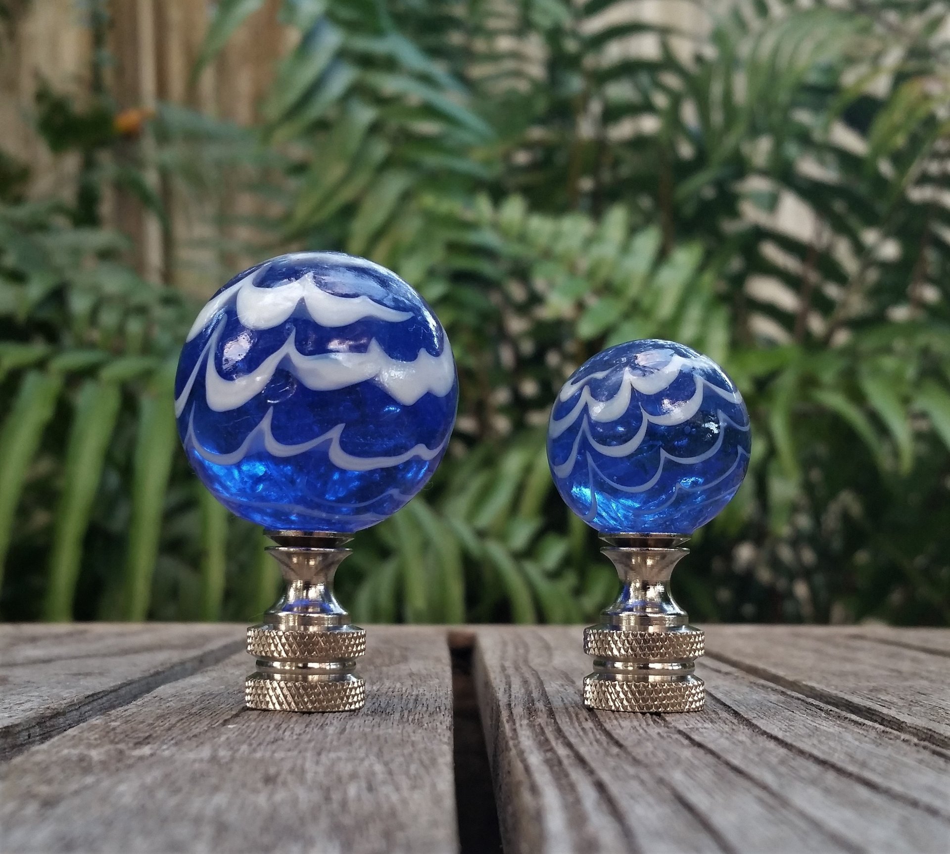 Royal Blue Lamp Finial, White Swirls, Glass