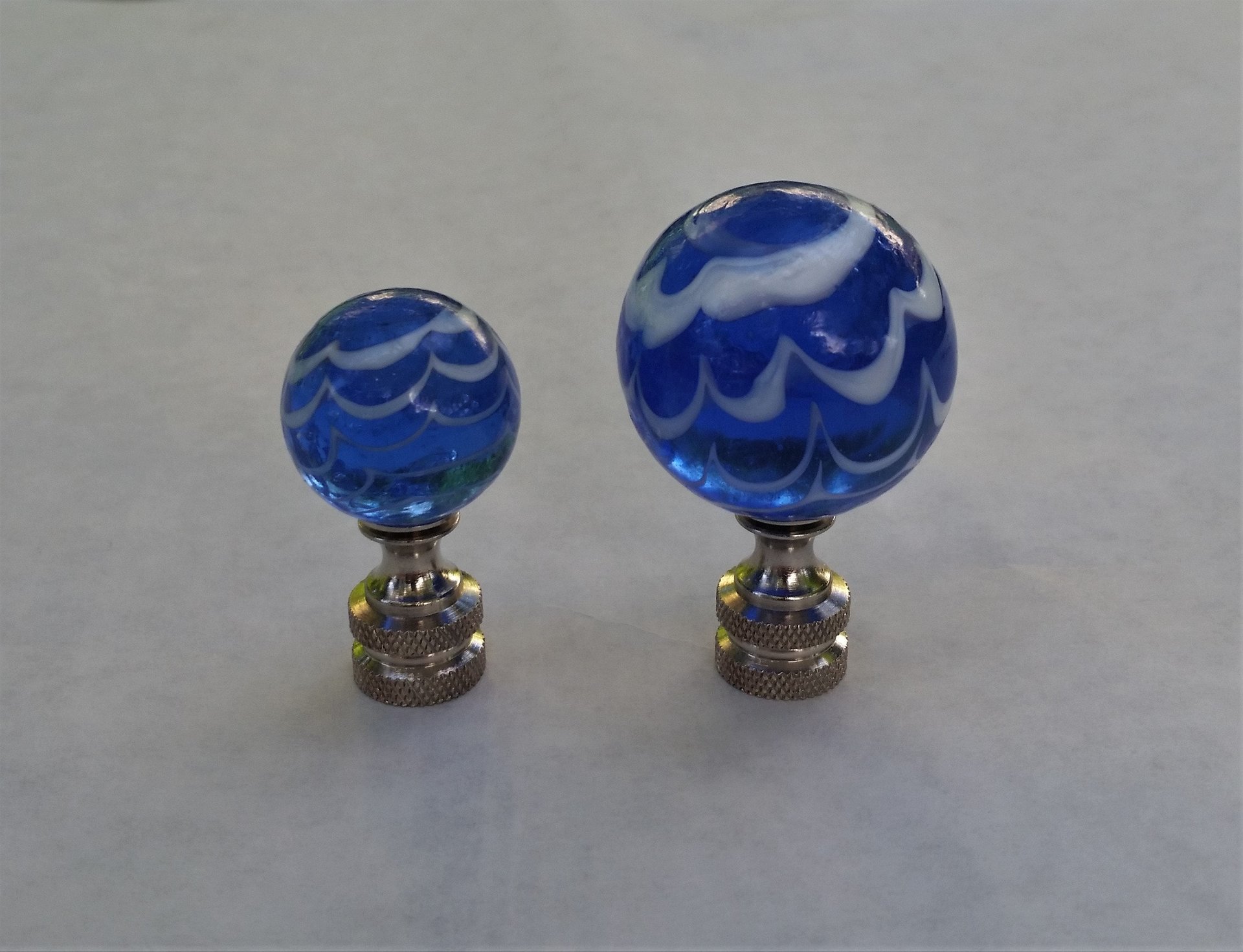 Royal Blue Lamp Finial, White Swirls, Glass