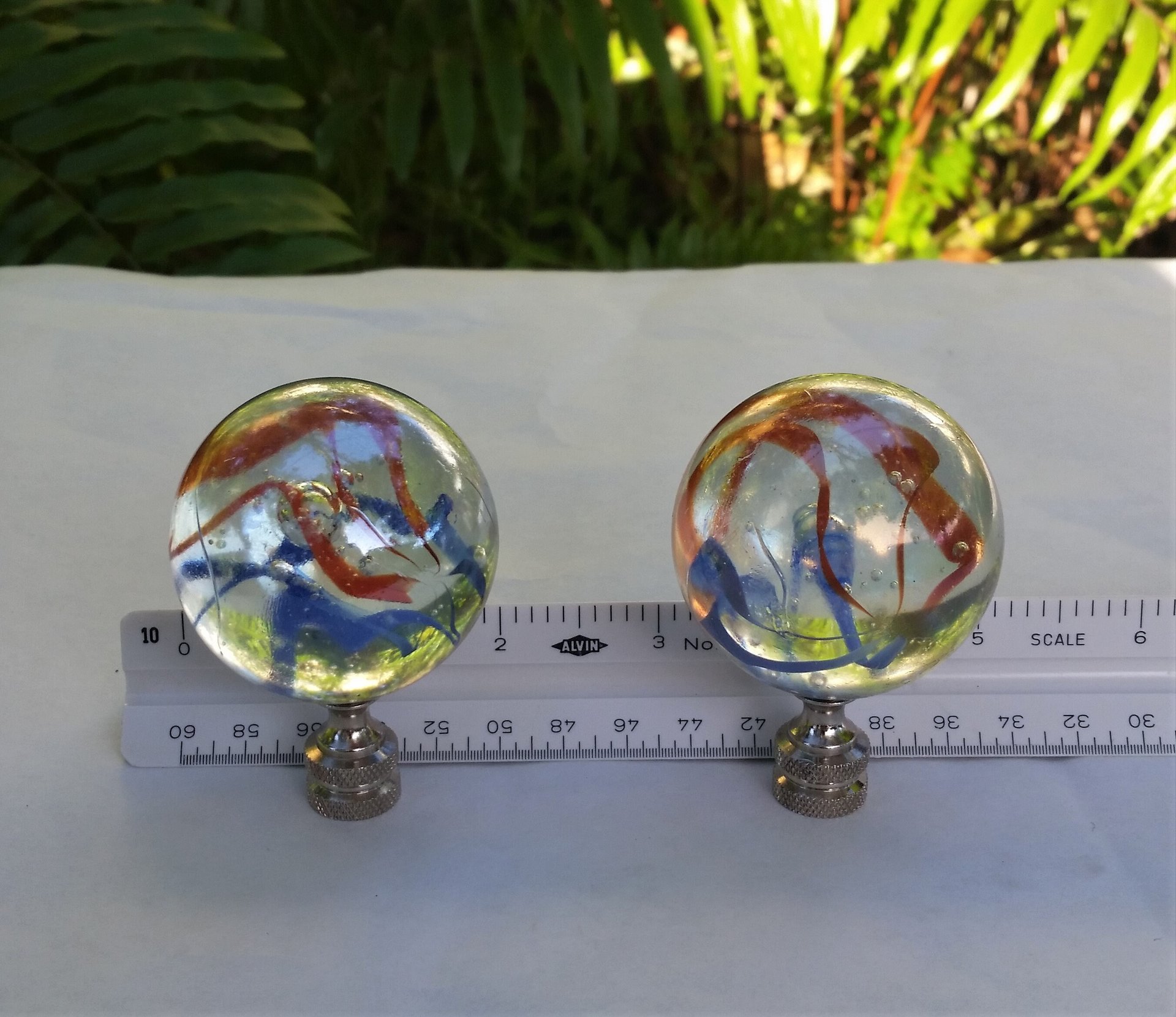 Large Iridescent Lamp Finial, Clear Red Blue