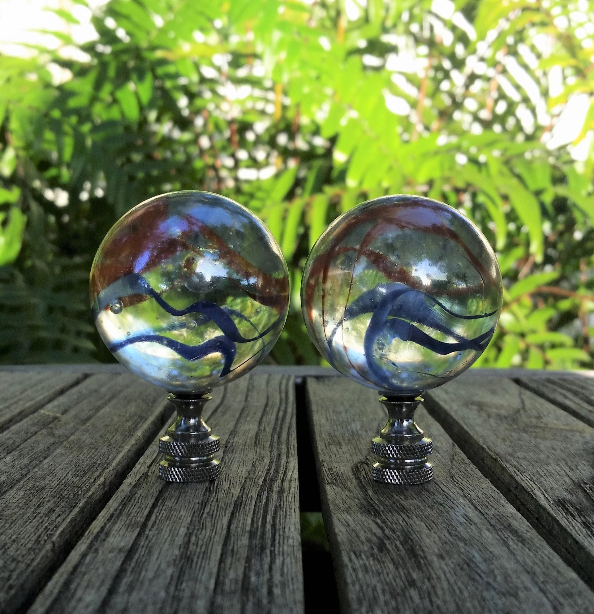 Large Iridescent Lamp Finial, Clear Red Blue