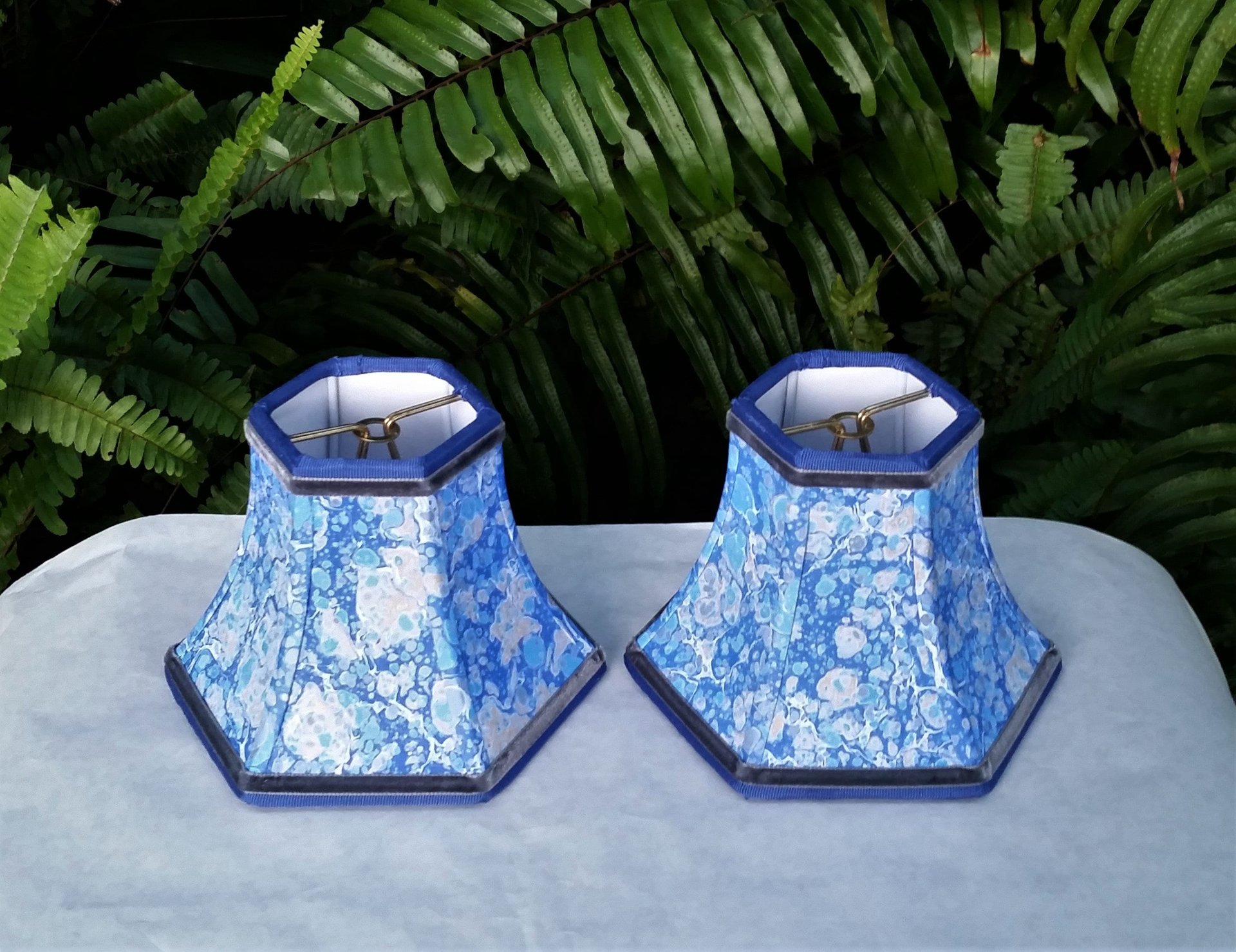 Pair Small Marbled Paper Sconce Lampshades Blue