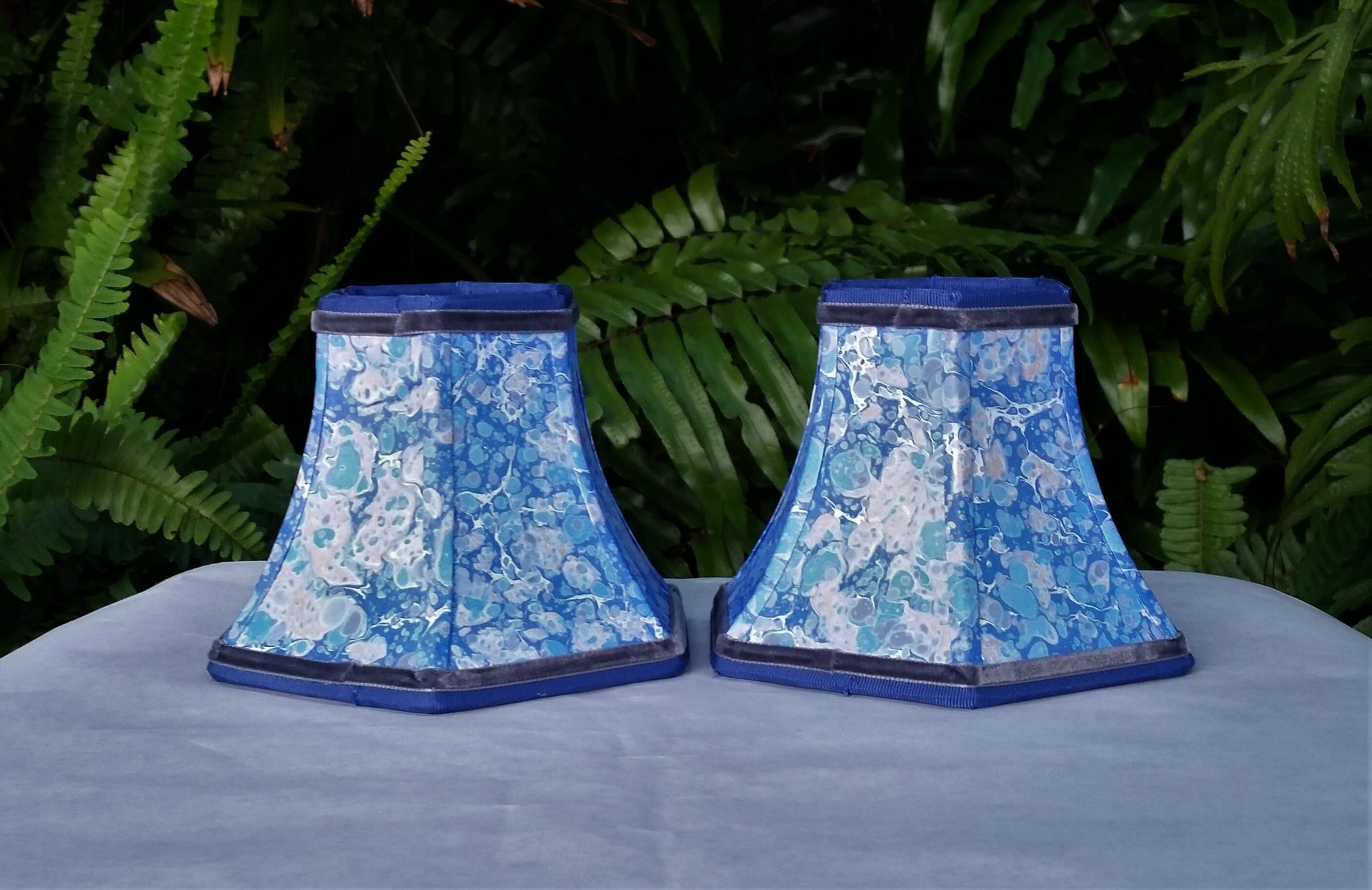 Pair Small Marbled Paper Sconce Lampshades Blue