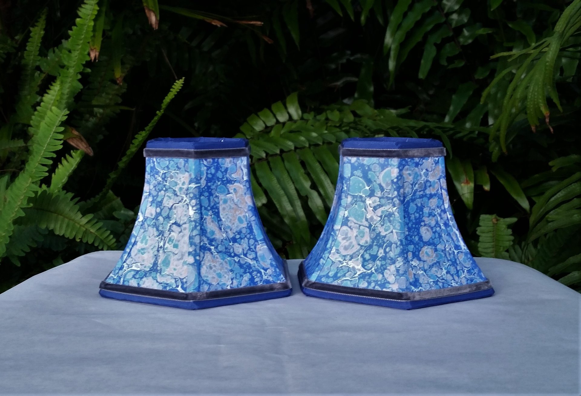 Pair Small Marbled Paper Sconce Lampshades Blue