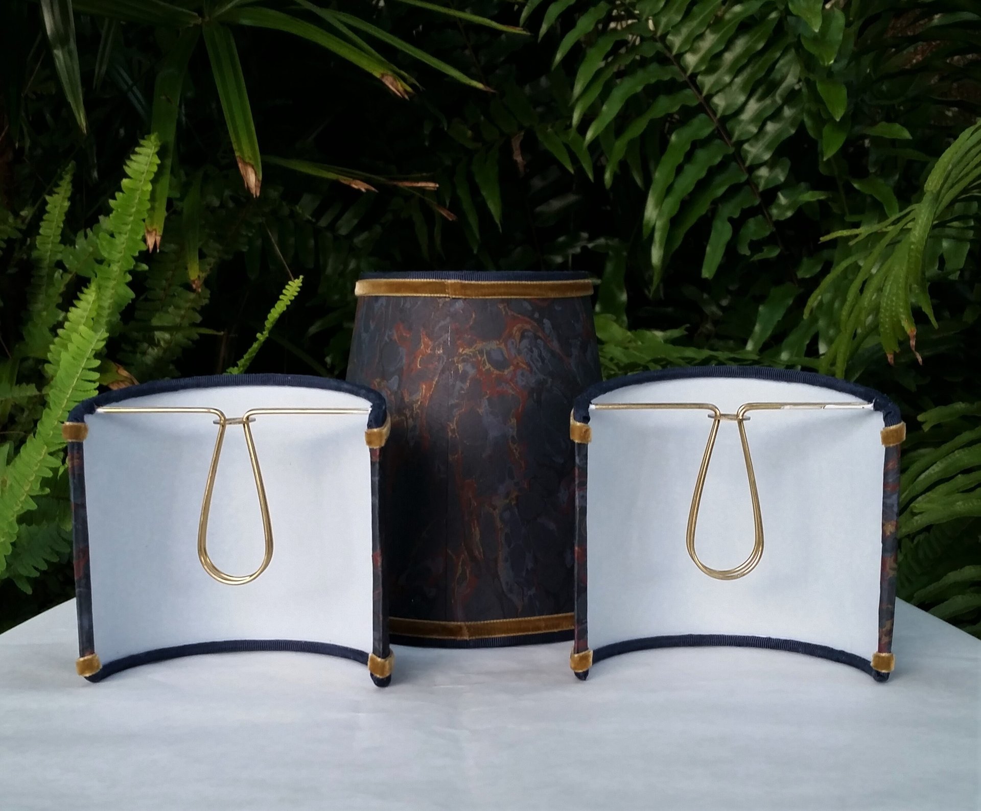 Set of Three Marbleized Paper Lampshades Navy Gold