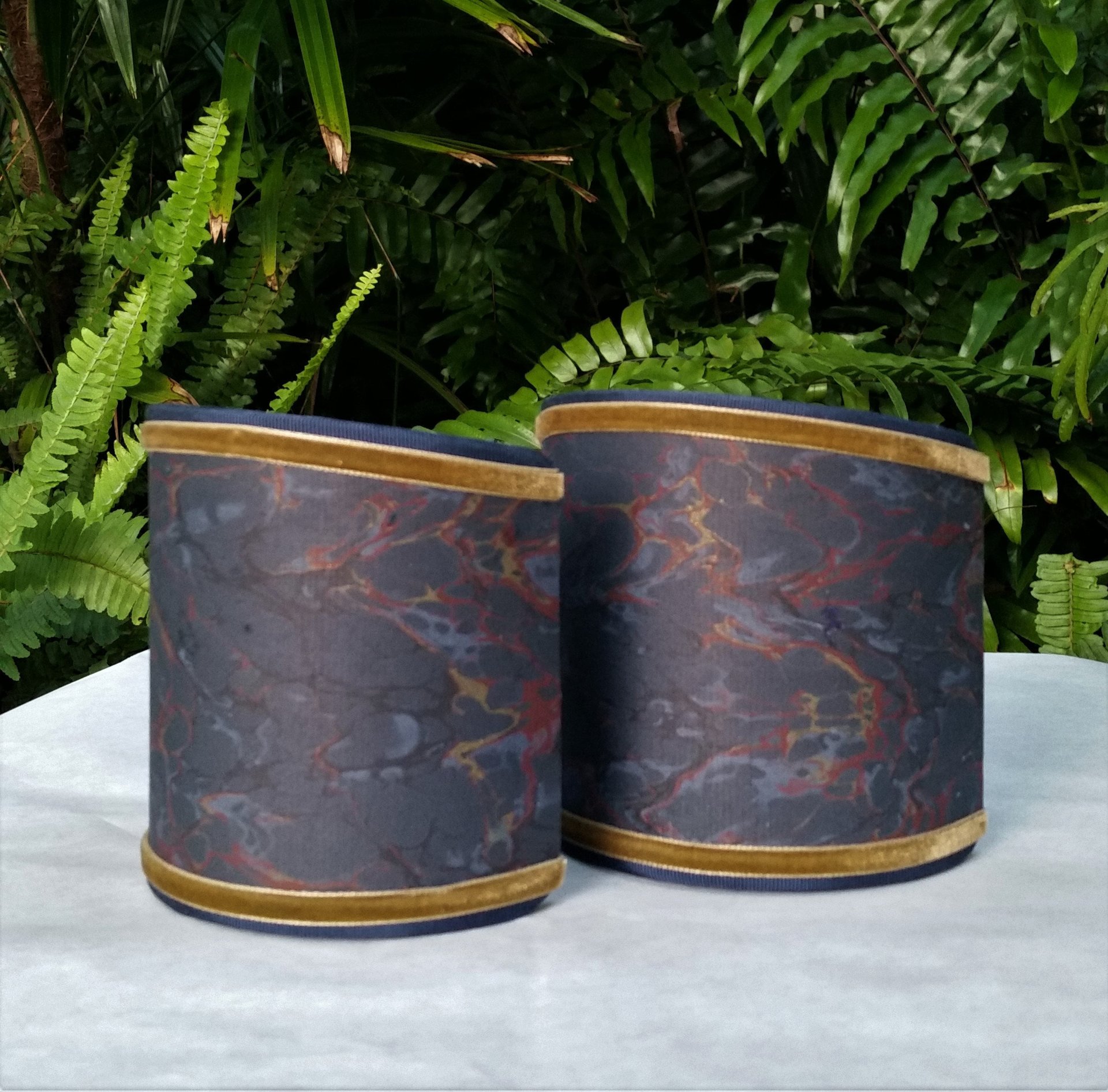 Set of Three Marbleized Paper Lampshades Navy Gold