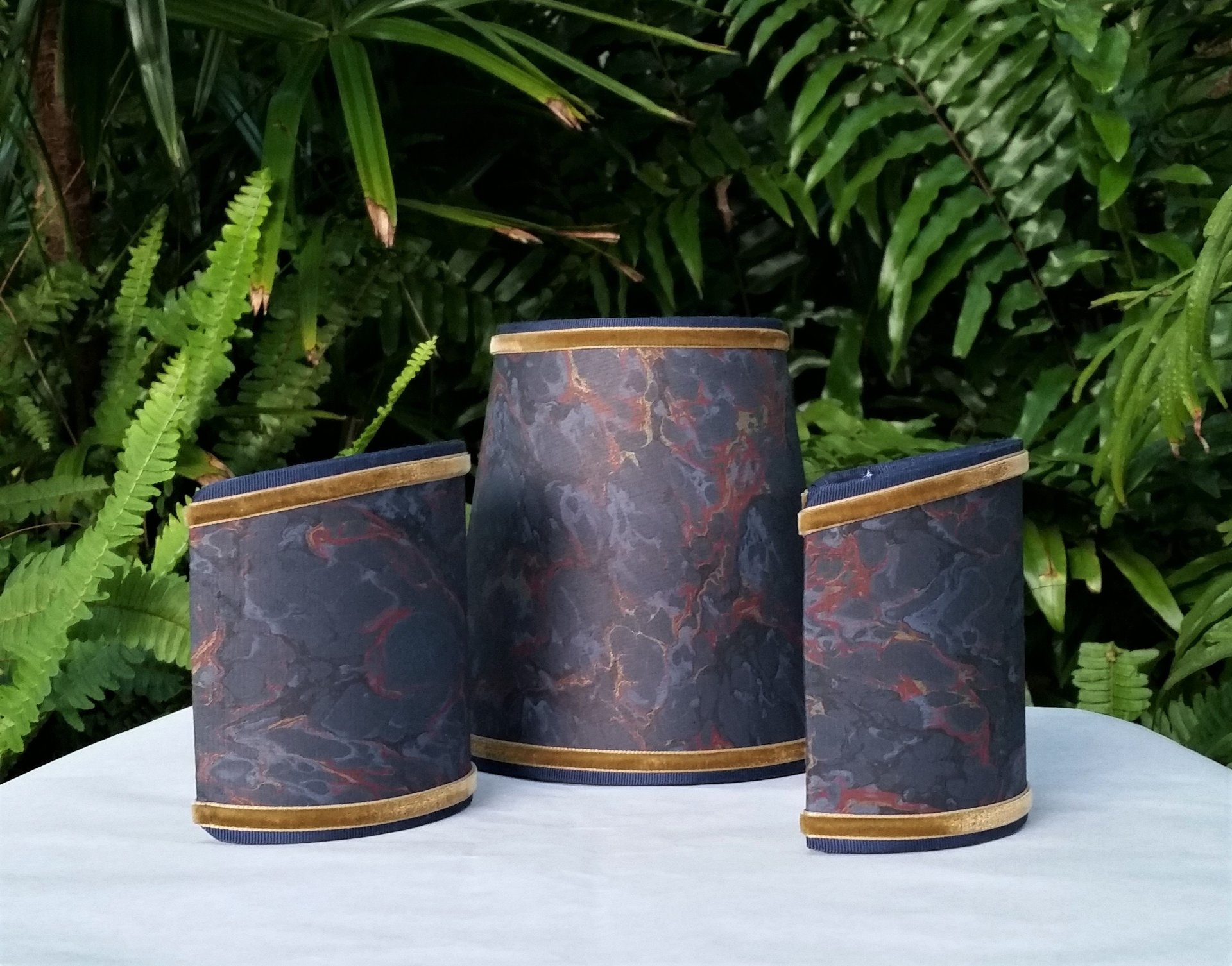 Set of Three Marbleized Paper Lampshades Navy Gold