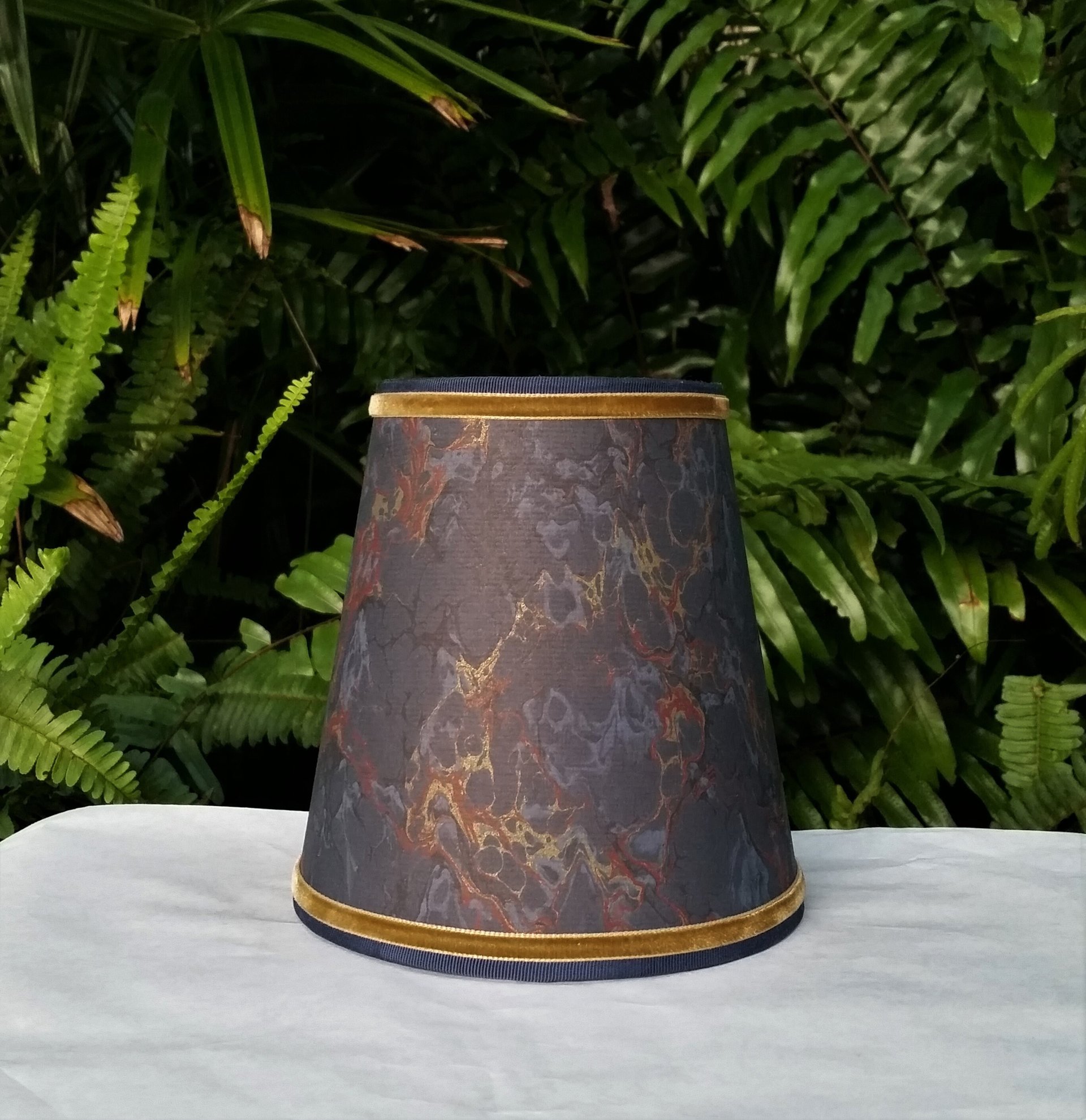 Set of Three Marbleized Paper Lampshades Navy Gold