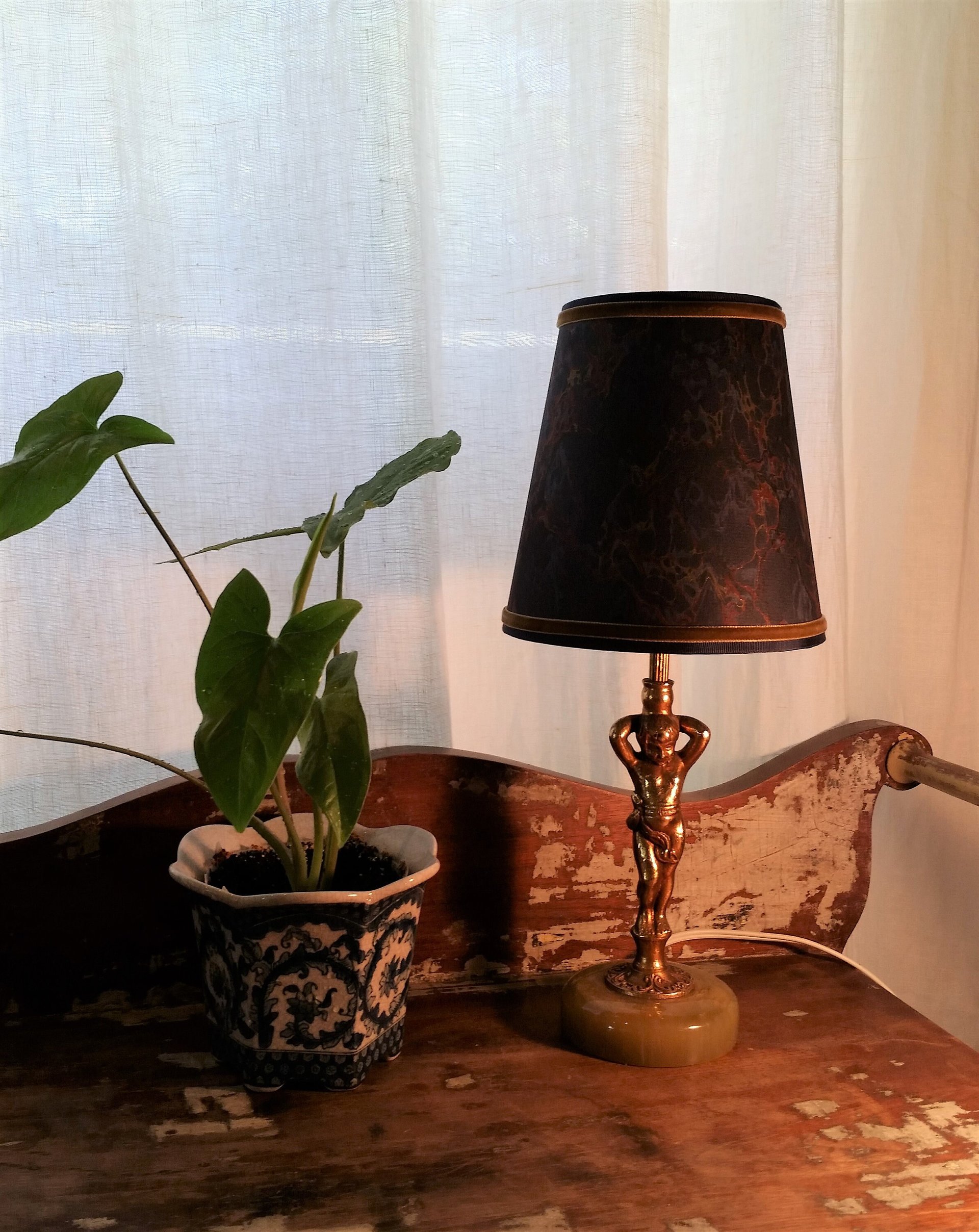 Set of Three Marbleized Paper Lampshades Navy Gold