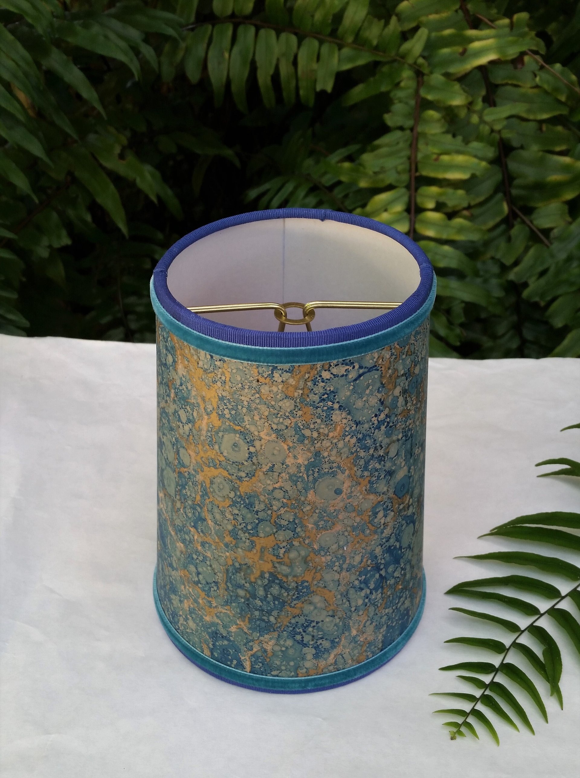 Pair Teal Blue Gold Marbled Paper Lampshades Candle Bulb