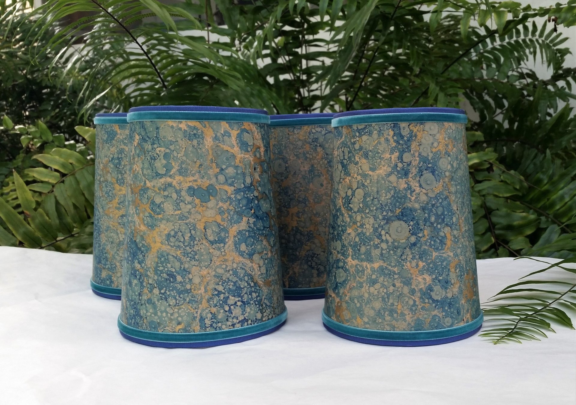 Pair Teal Blue Gold Marbled Paper Lampshades Candle Bulb