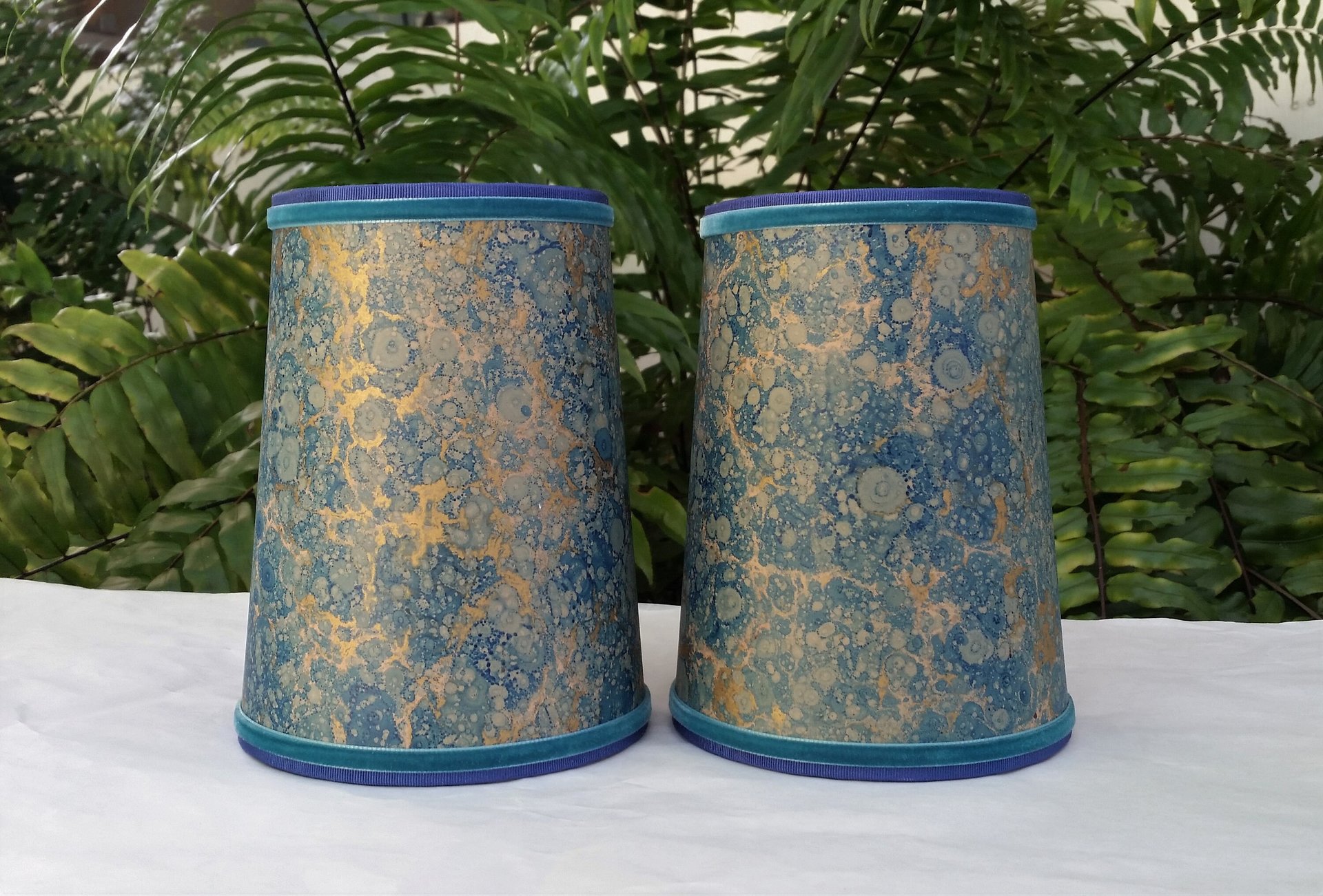 Pair Teal Blue Gold Marbled Paper Lampshades Candle Bulb