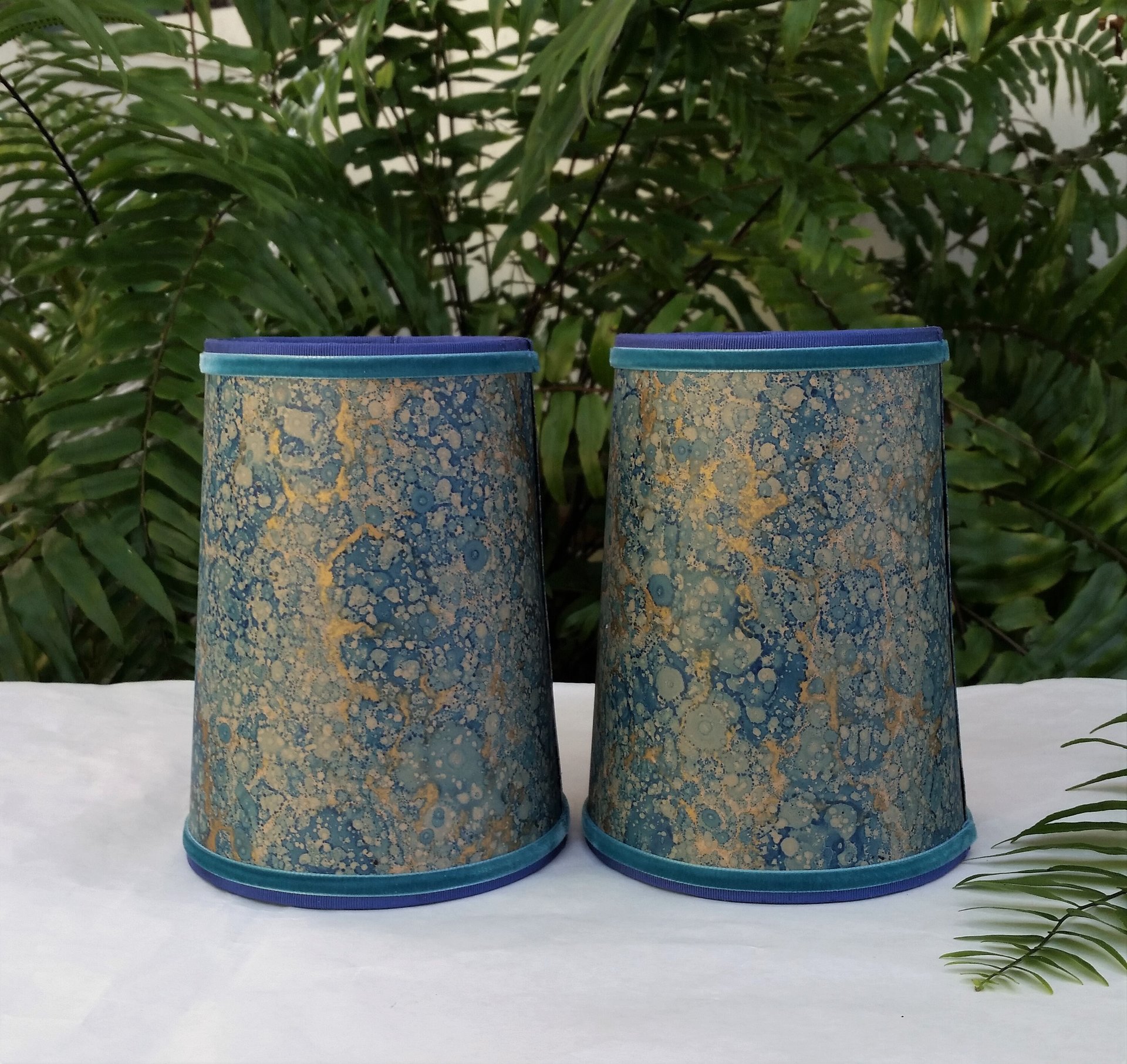 Pair Teal Blue Gold Marbled Paper Lampshades Candle Bulb