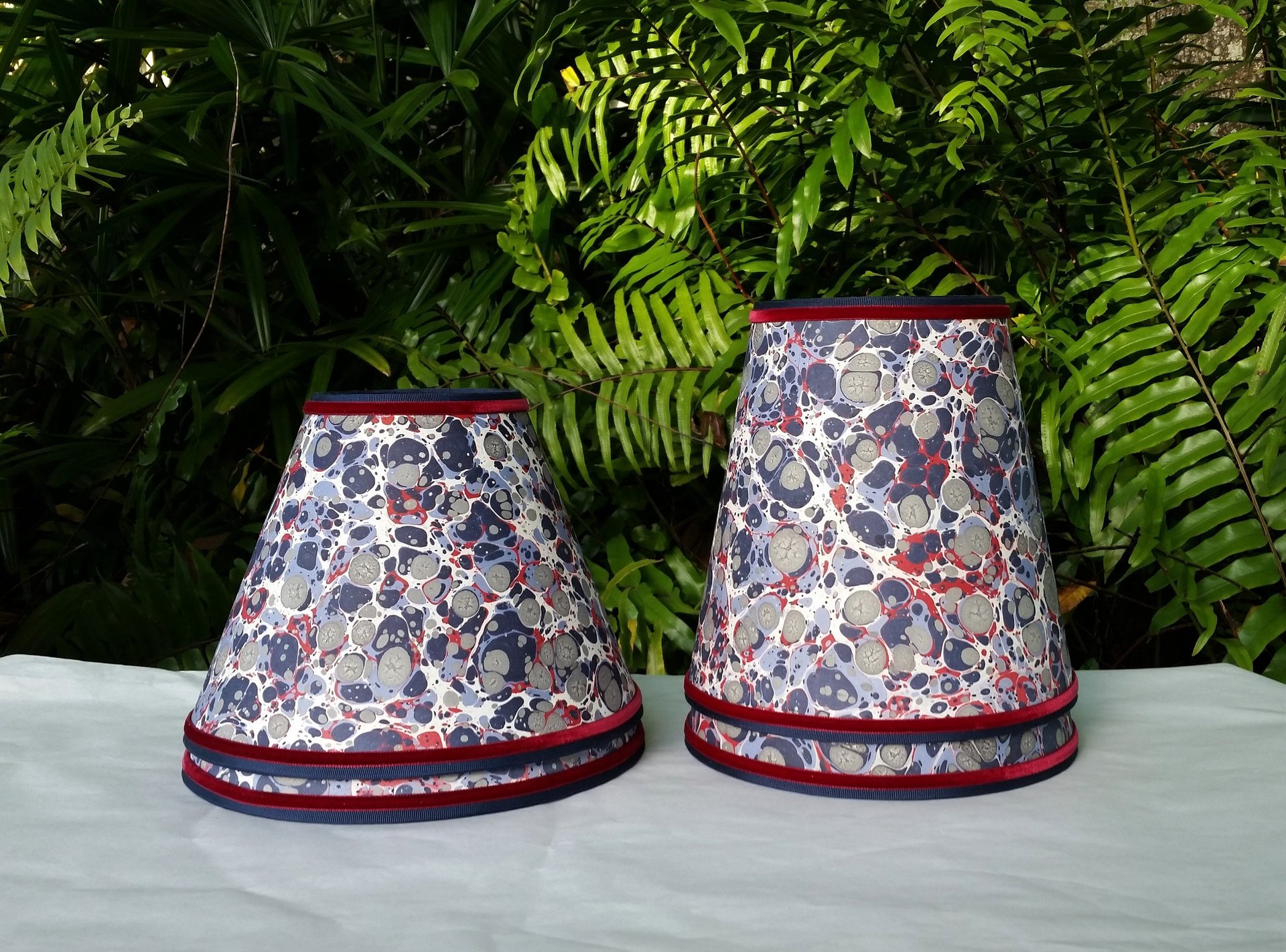 Pair Marbled Paper Lampshades Red White Blue Gray