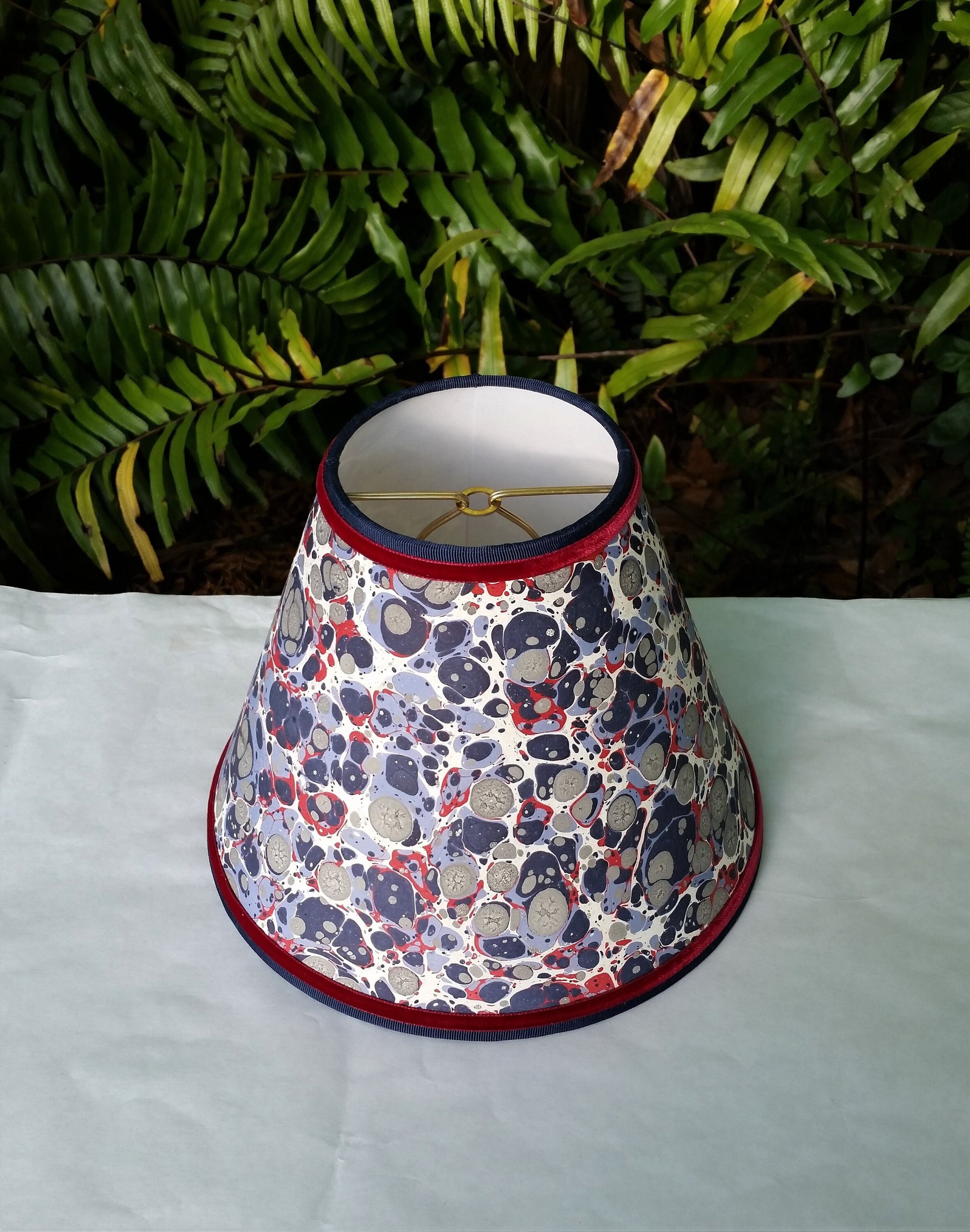 Pair Marbled Paper Lampshades Red White Blue Gray