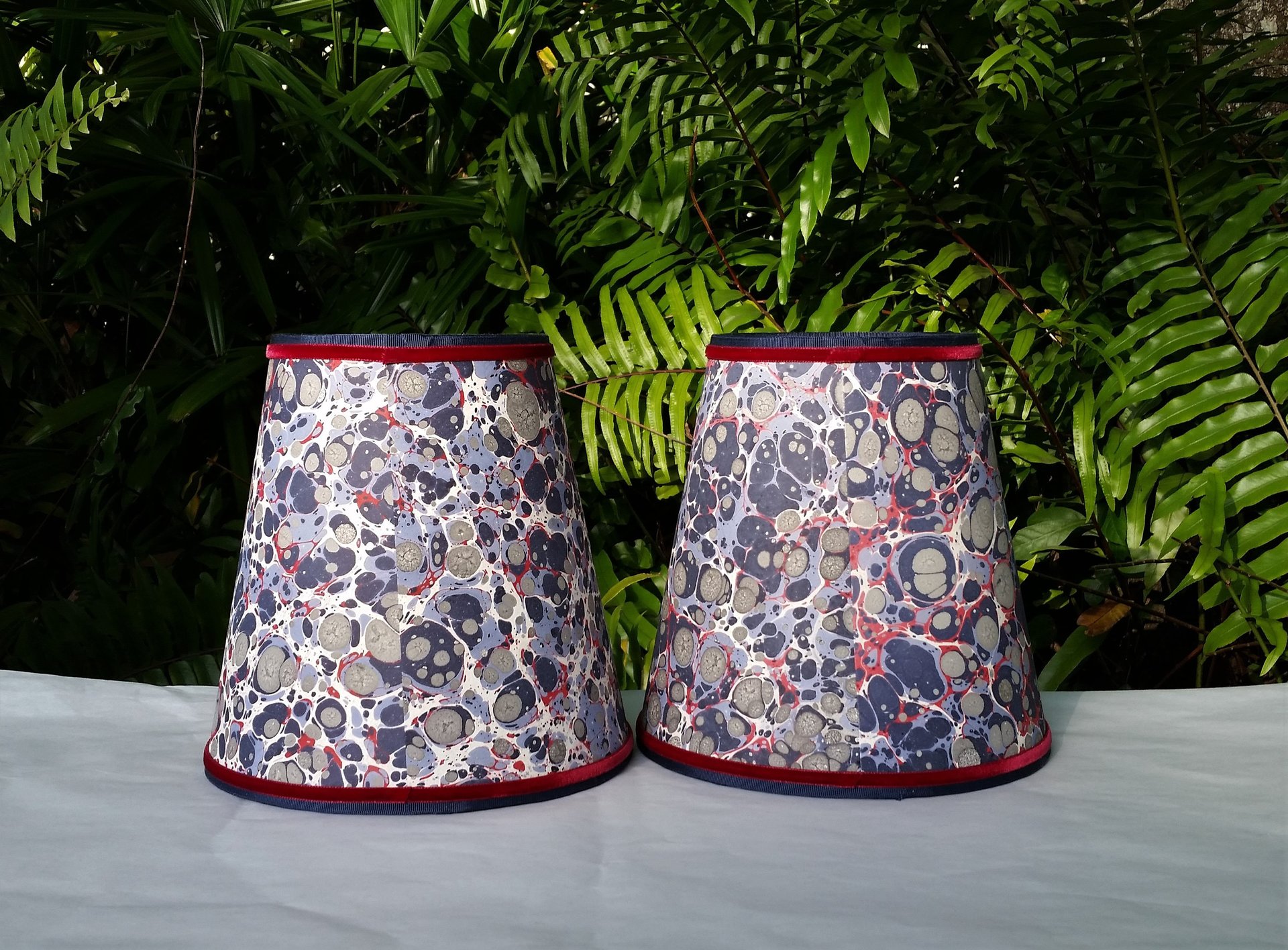 Pair Marbled Paper Lampshades Red White Blue Gray