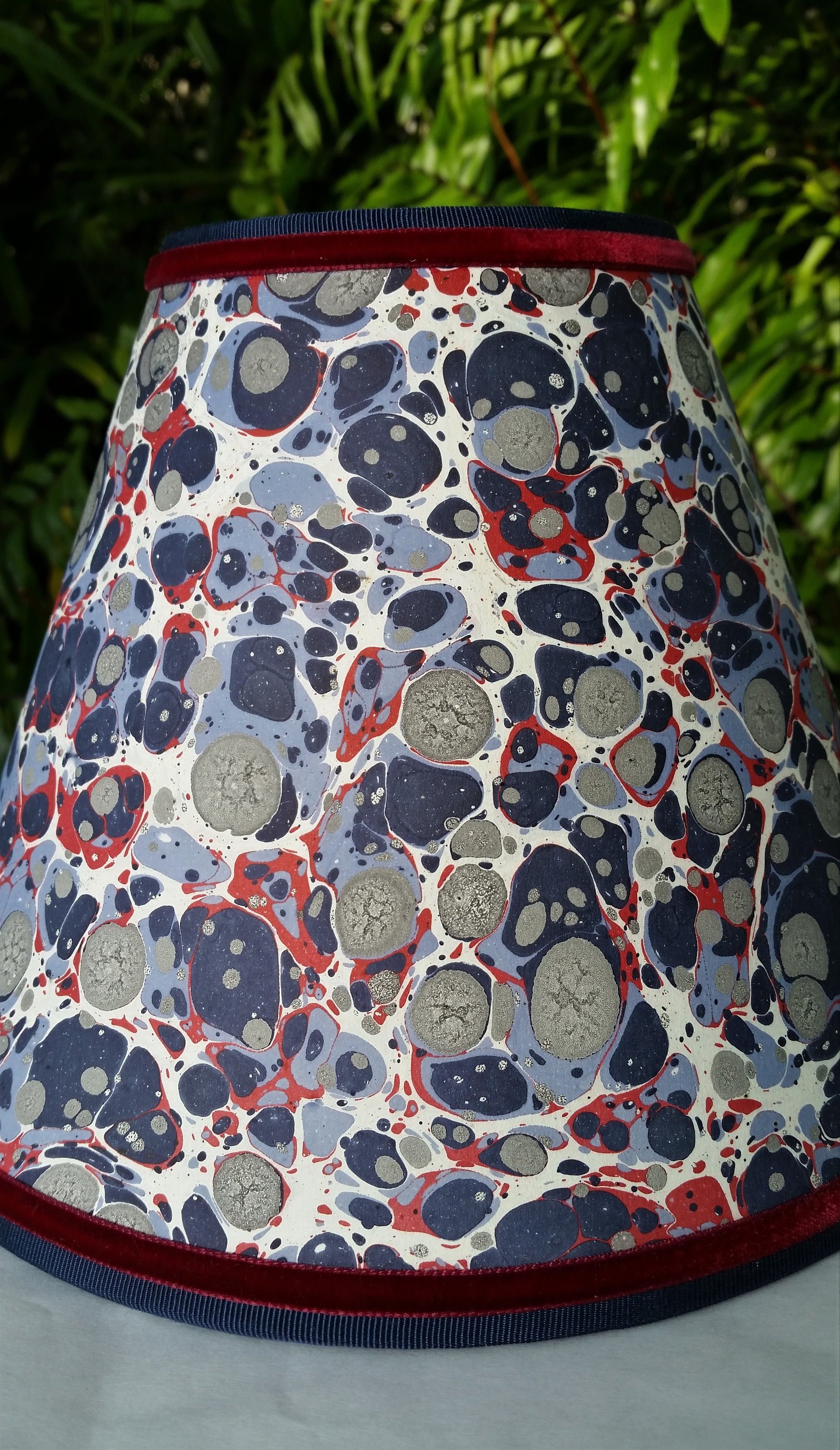 Pair Marbled Paper Lampshades Red White Blue Gray