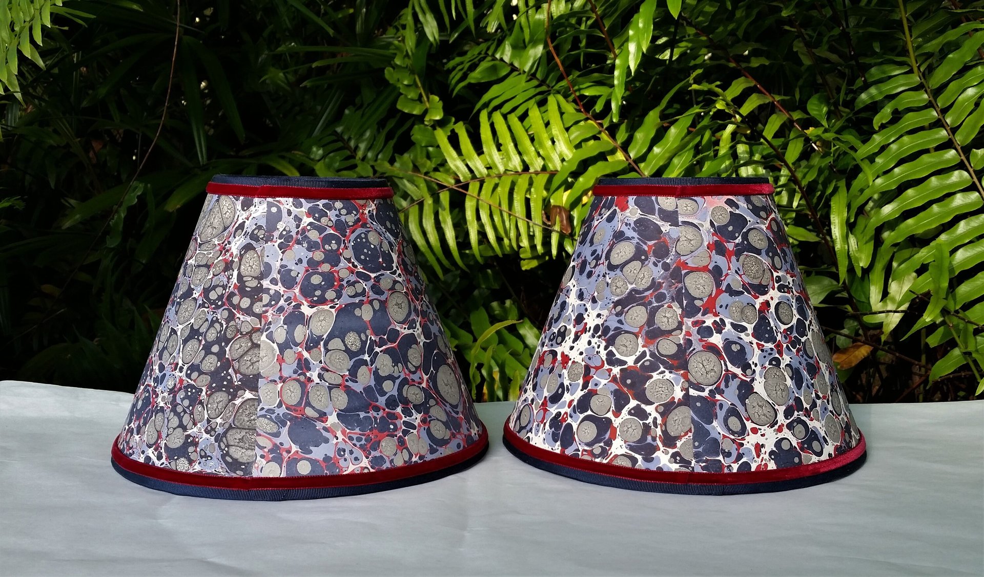 Pair Marbled Paper Lampshades Red White Blue Gray