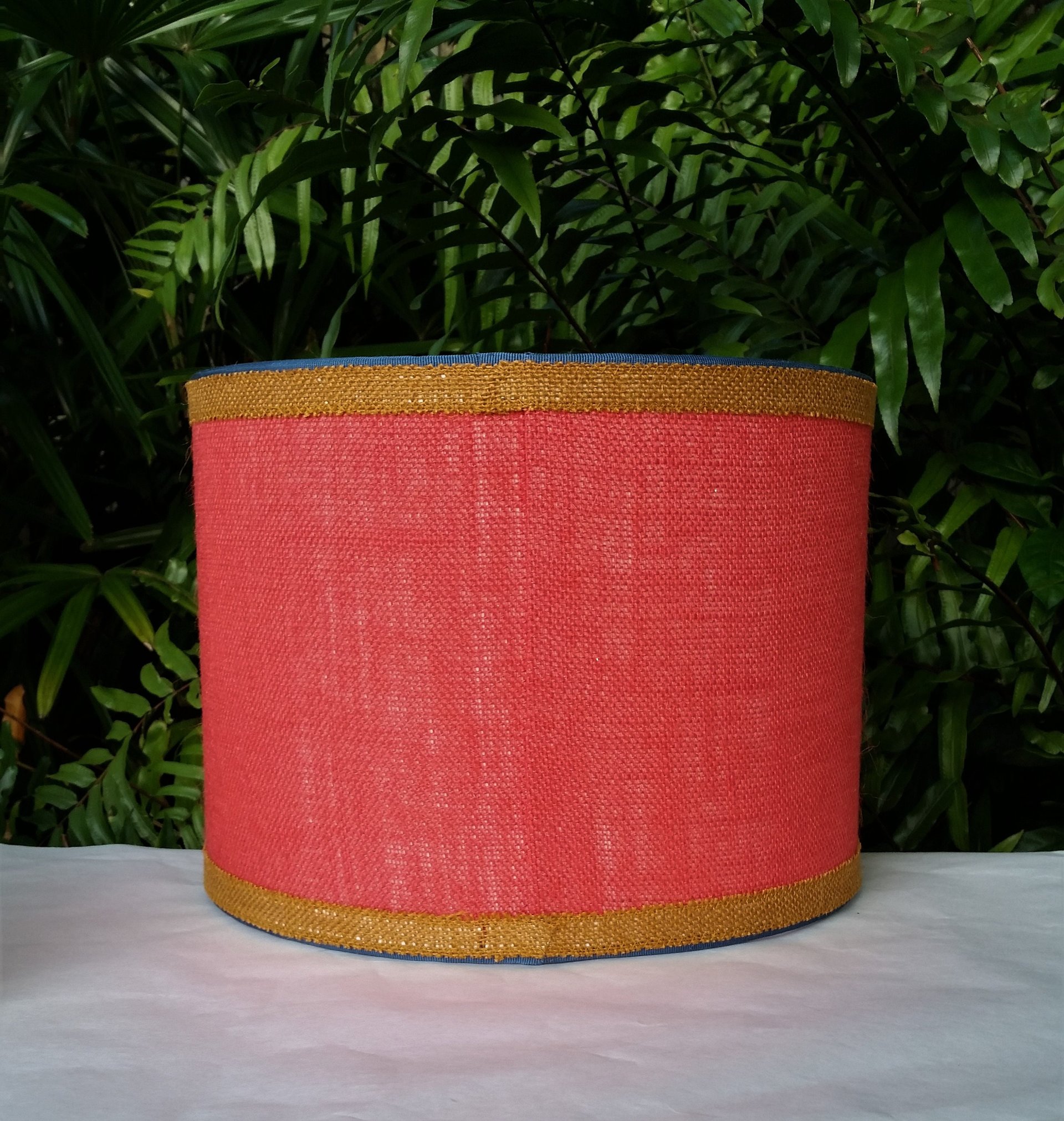 Coral Burlap Lampshade Drum Teal and Mustard Trim