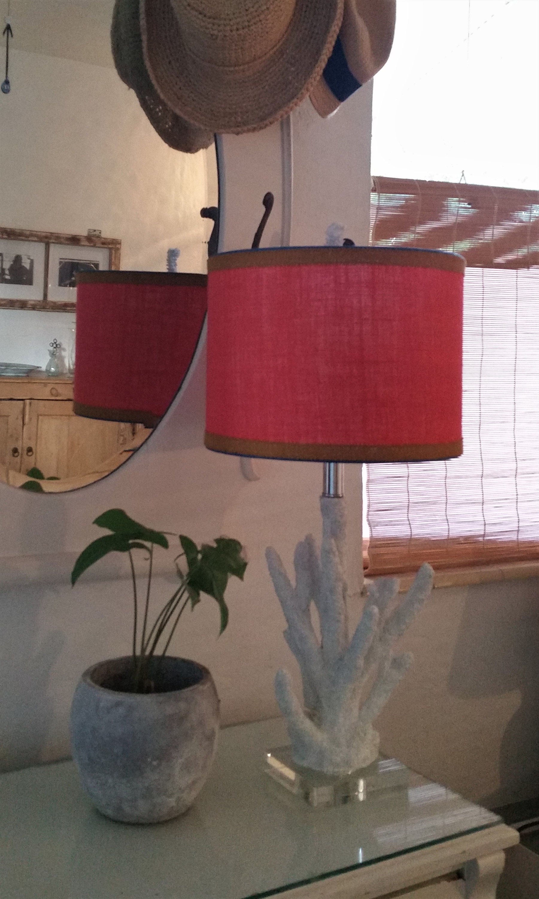 Coral Burlap Lampshade Drum Teal and Mustard Trim