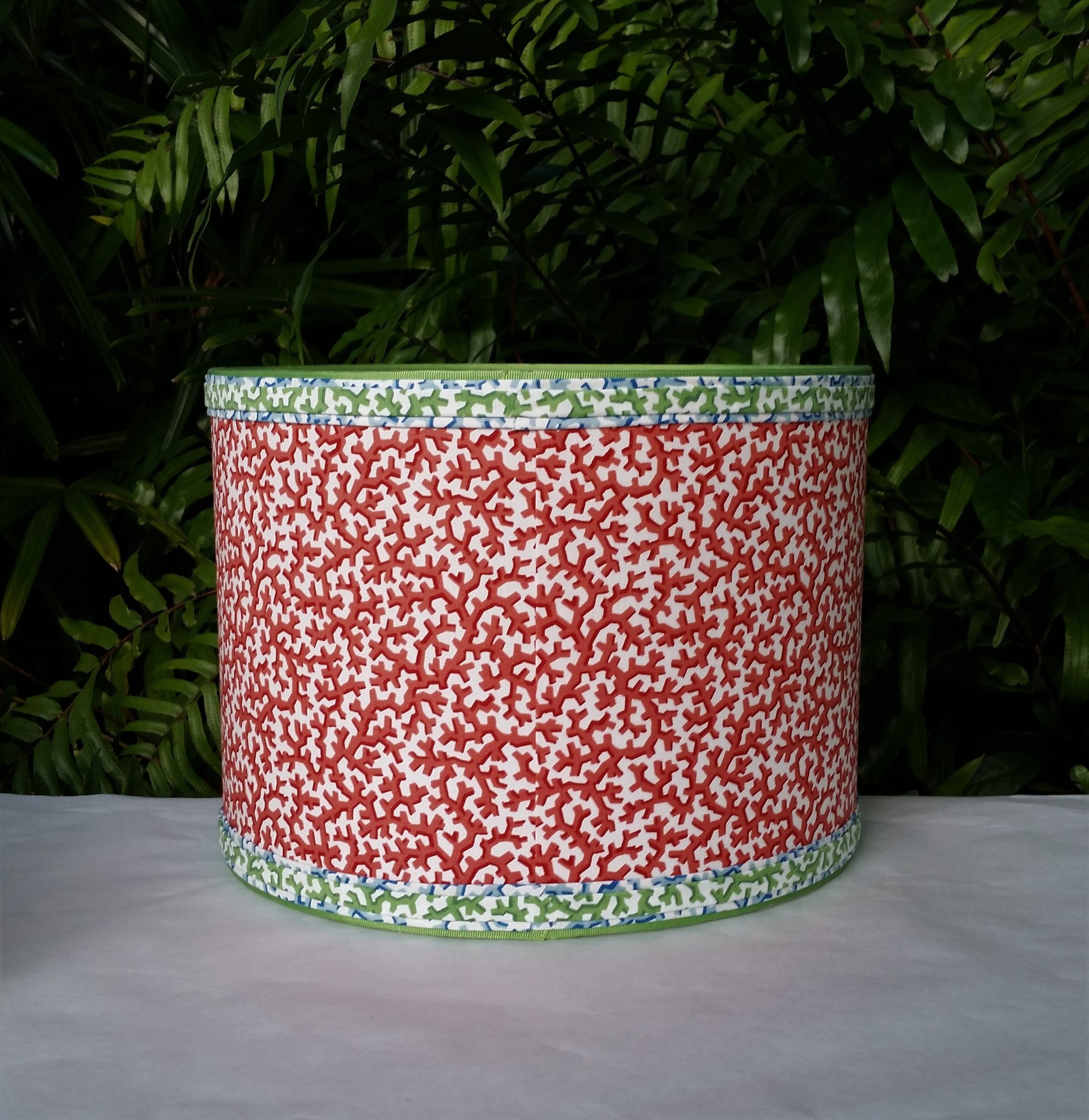 Coral Red Lampshade Drum Blue and Green Trim