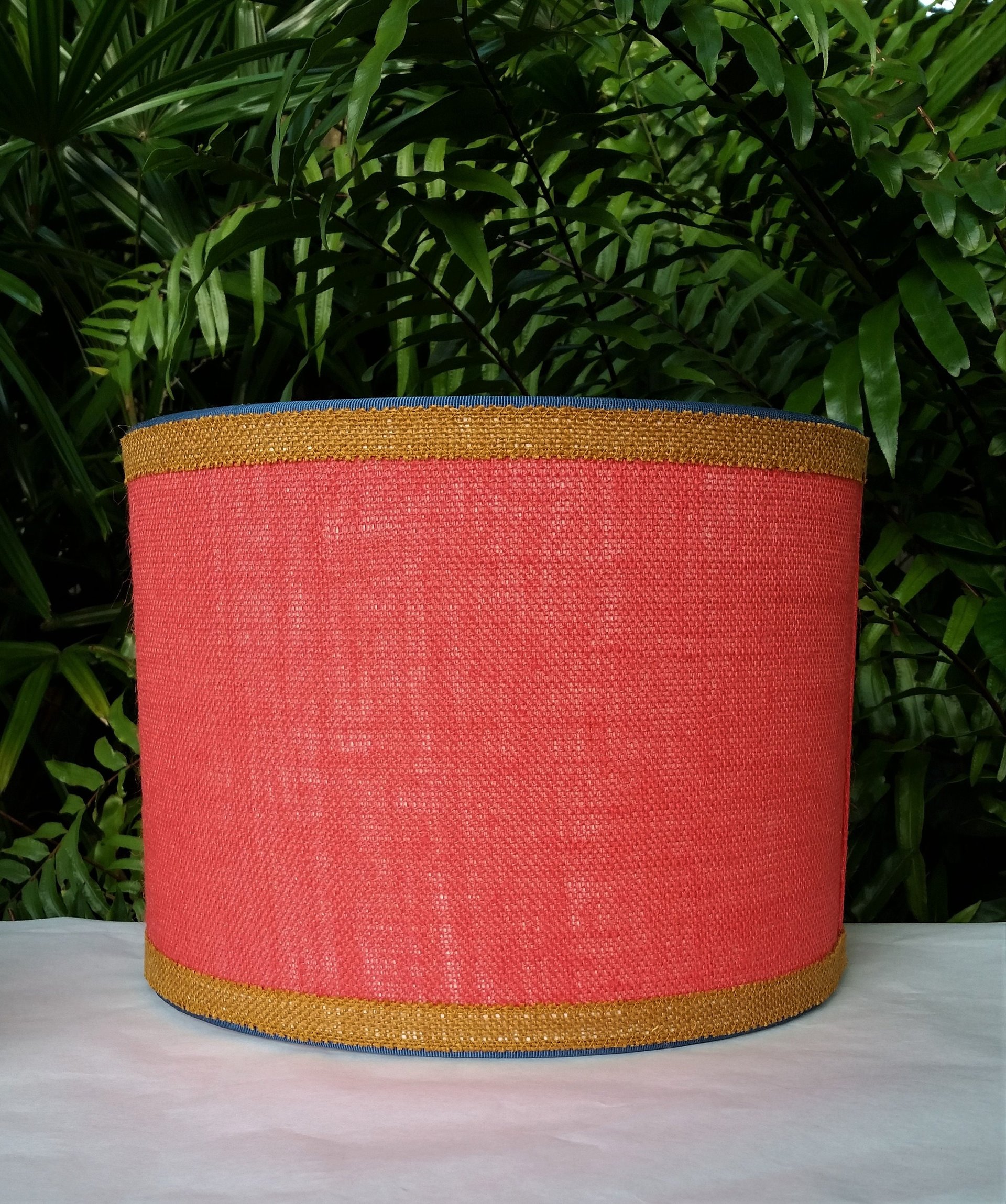 Coral Burlap Lampshade Drum Teal and Mustard Trim