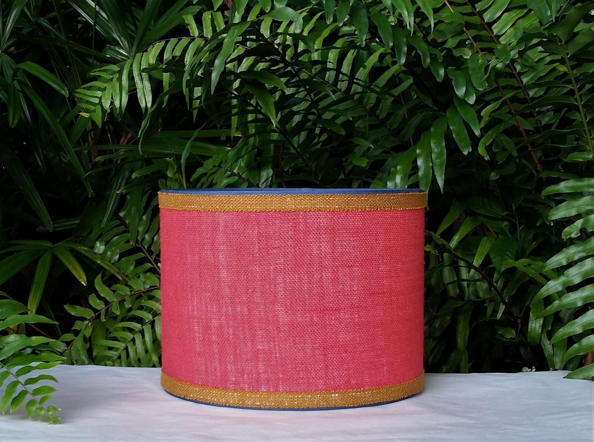 Coral Burlap Lampshade Drum Teal and Mustard Trim